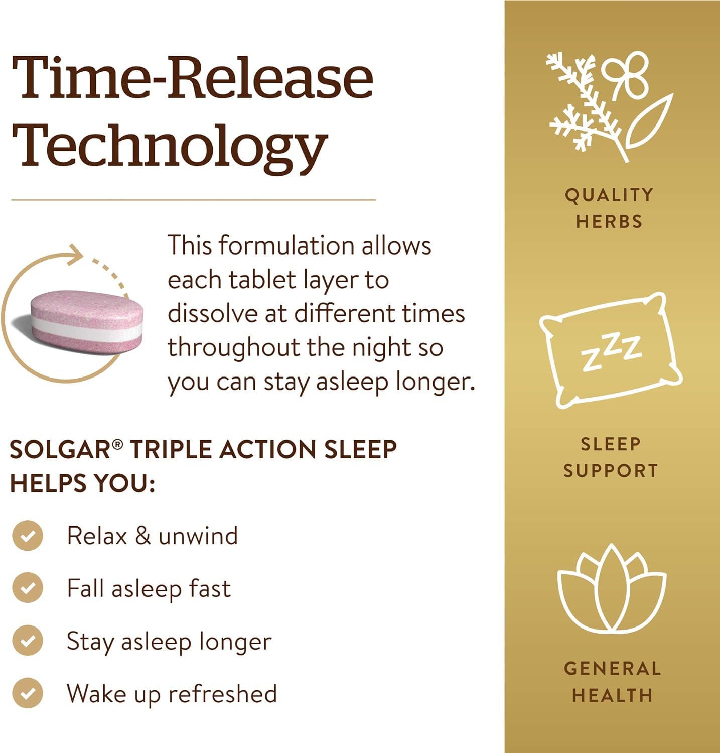 Solgar Triple Action Sleep, 90 Tri-Layer Tablets - Time-Release Melatonin & L-Theanine Plus Herbal Blend - Helps You Relax - Non-GMO, Gluten Free - 90 Servings