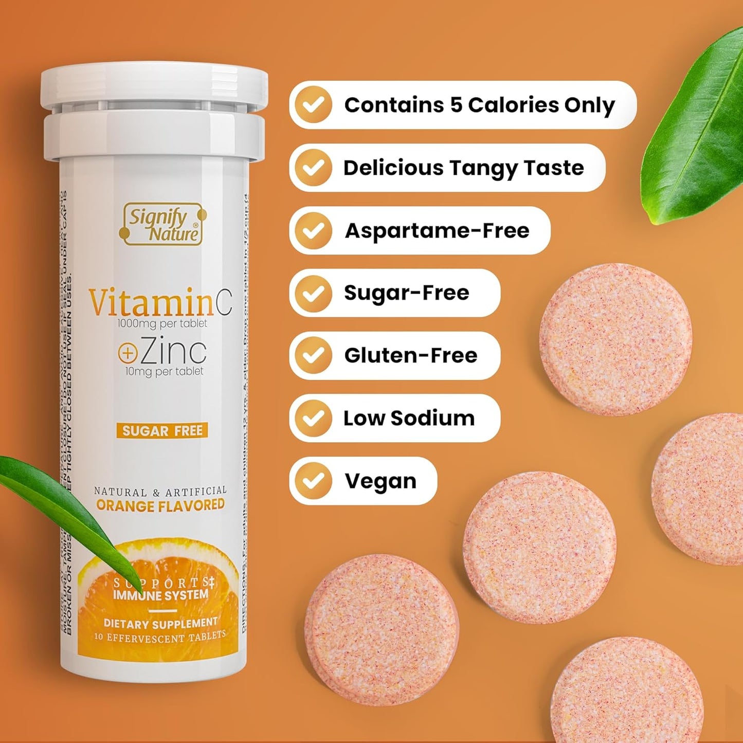 Signify Nature Vitamin C 1000mg Immunity Booster Vitamin C with Zinc, Sugar Free Effervescent Tablets, Antioxidant, Immune Support - 80 Day Supply