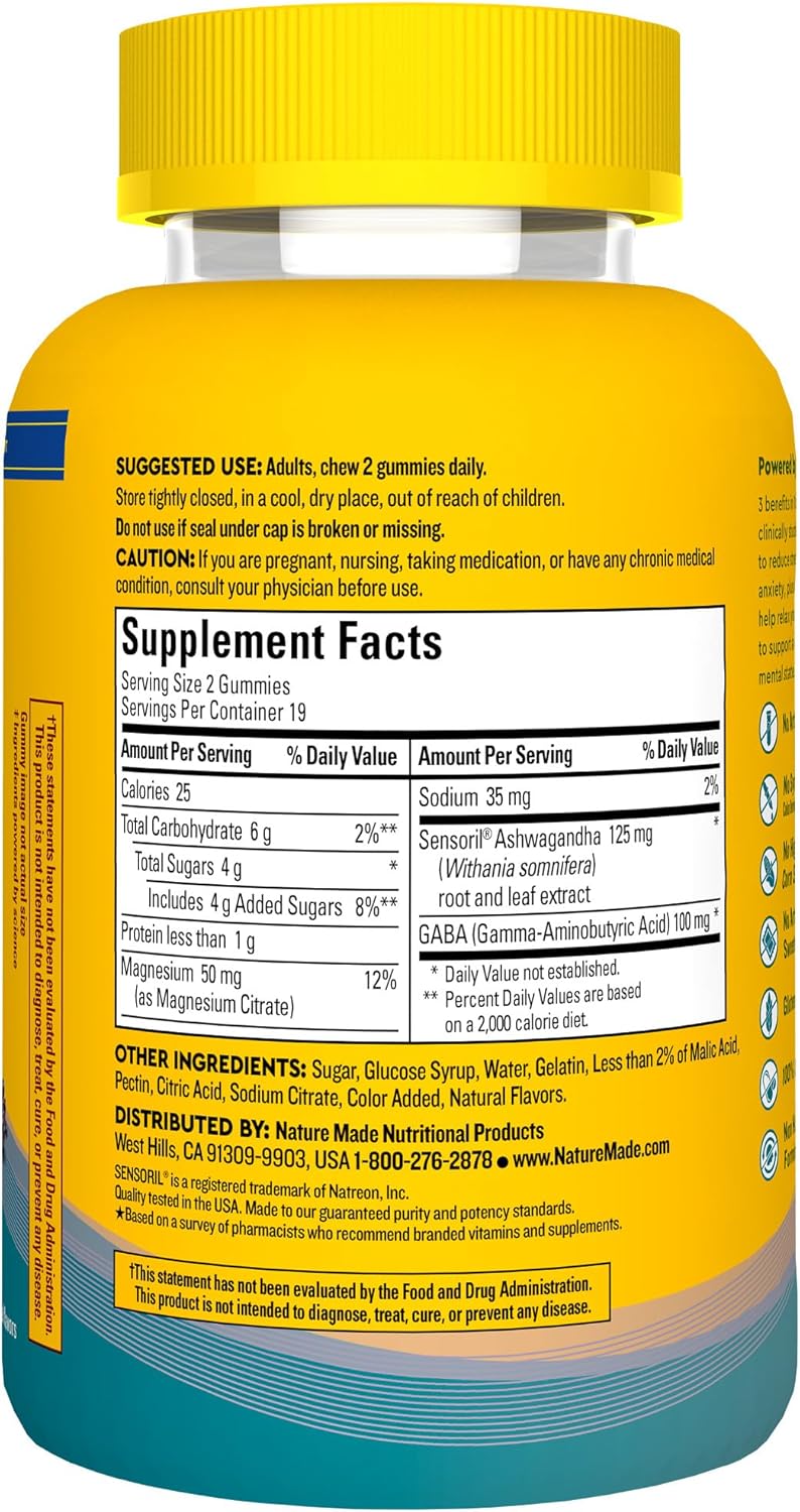 Nature Made Wellblends Calm Mind & Body, Magnesium Citrate, Ashwagandha 125mg & GABA 100mg Blend for Stress Relief, 38 Gummy Vitamins Nature Made