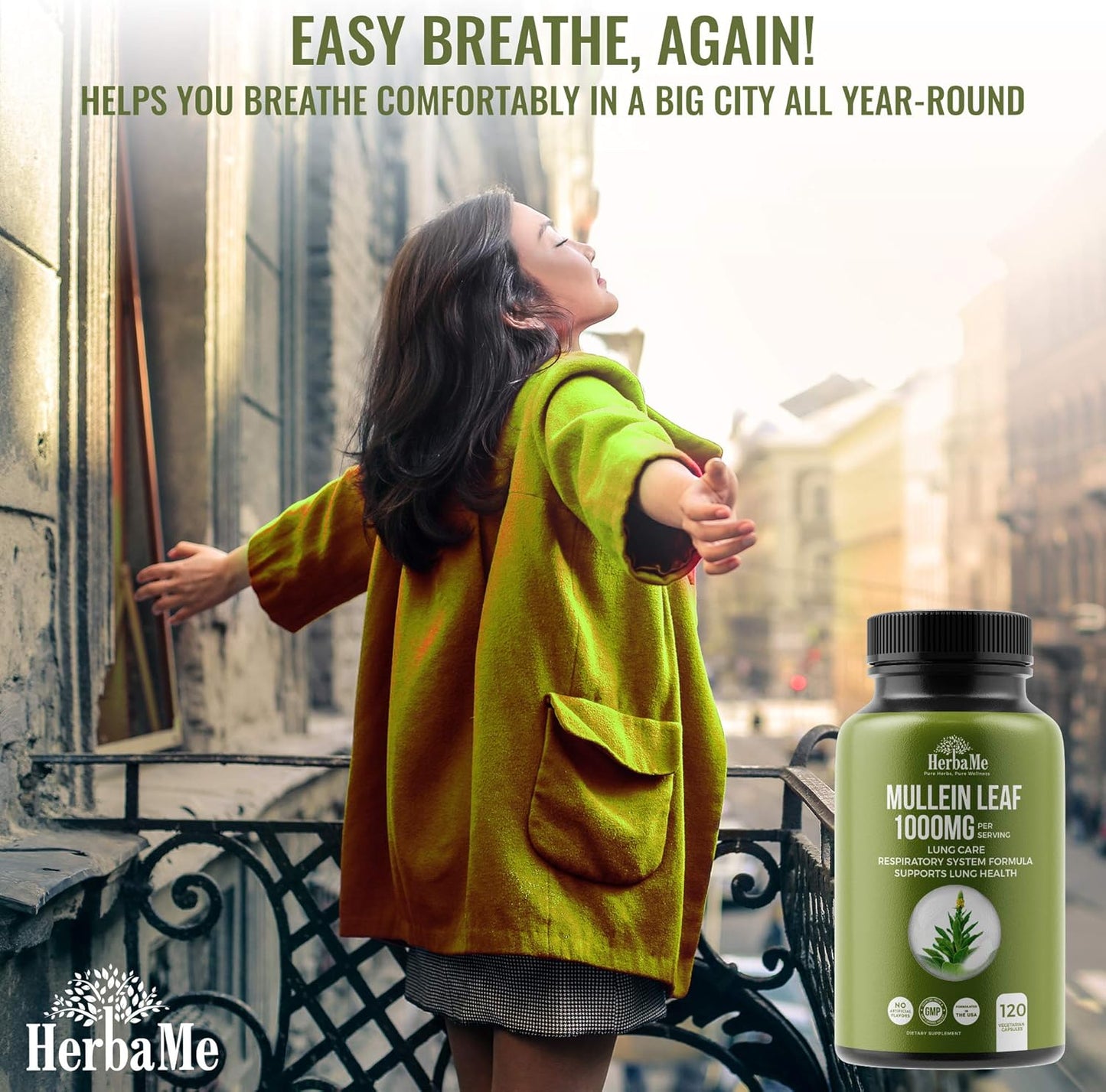 HerbaMe Mullein Leaf 1000mg, 120 Capsules, Detox Lung Cleanse, Supports Respiratory Function Health and Mucous Membranes, Lung Care, Promotes Ear Health, Mucus Relief Herbal Supplement