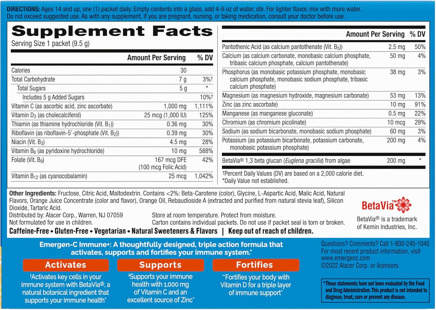 Emergen-C Immune Plus Vitamin C Supplement for Immune Support, Super Orange, 30 Ct