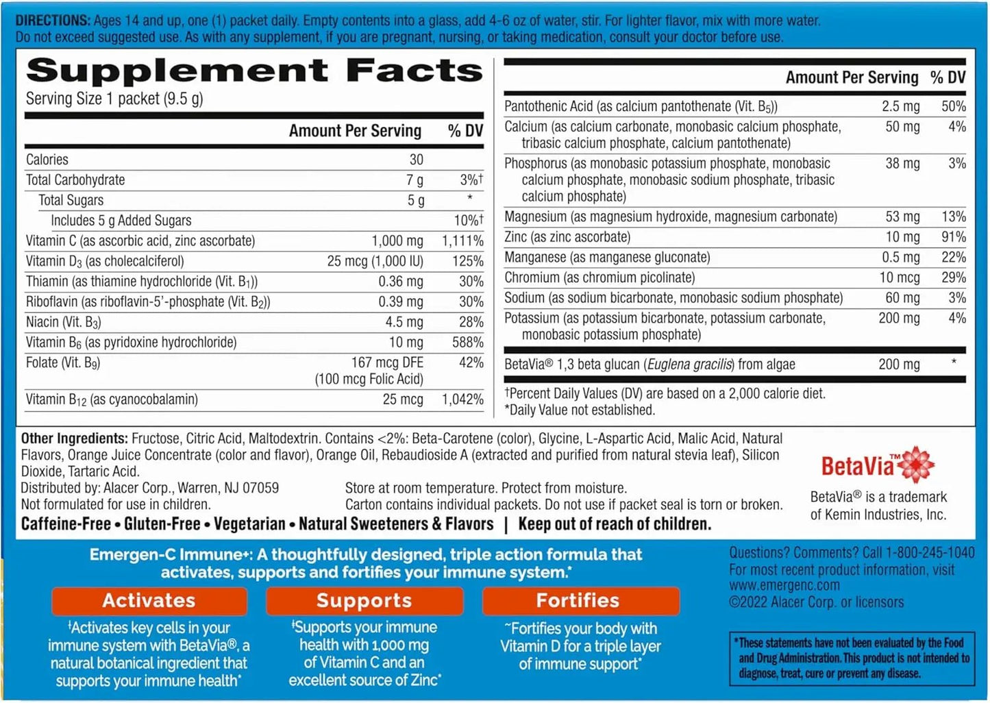 Emergen-C Immune Plus Vitamin C Supplement for Immune Support, Super Orange, 30 Ct Emergen-C