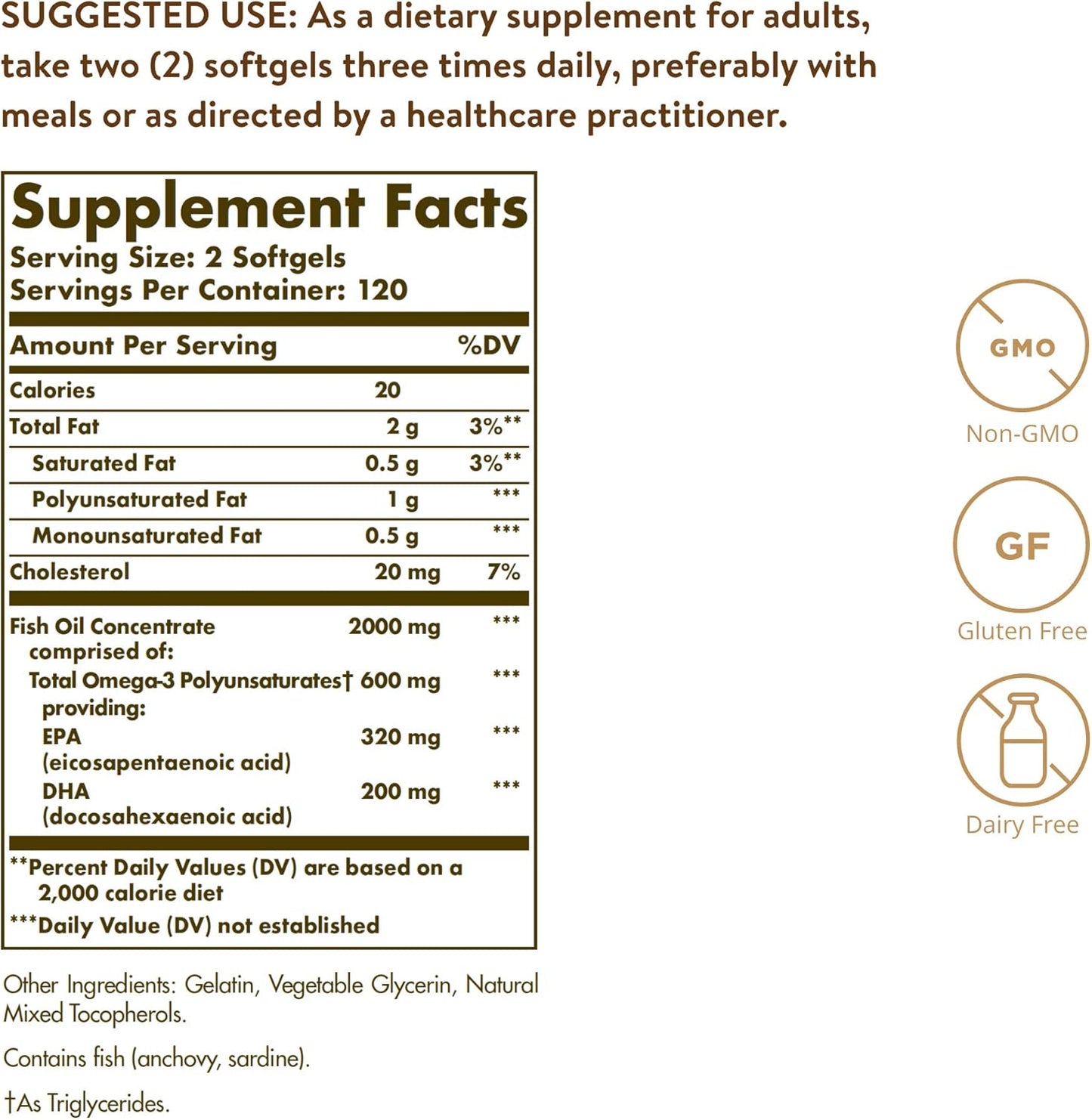 Omega-3 Fish Oil Concentrate, 240 Softgels - Support for Cardiovascular, Joint & Brain Health - Contains EPA & DHA Fatty Acids - Non GMO, Gluten/ Dairy Free - 120 Servings