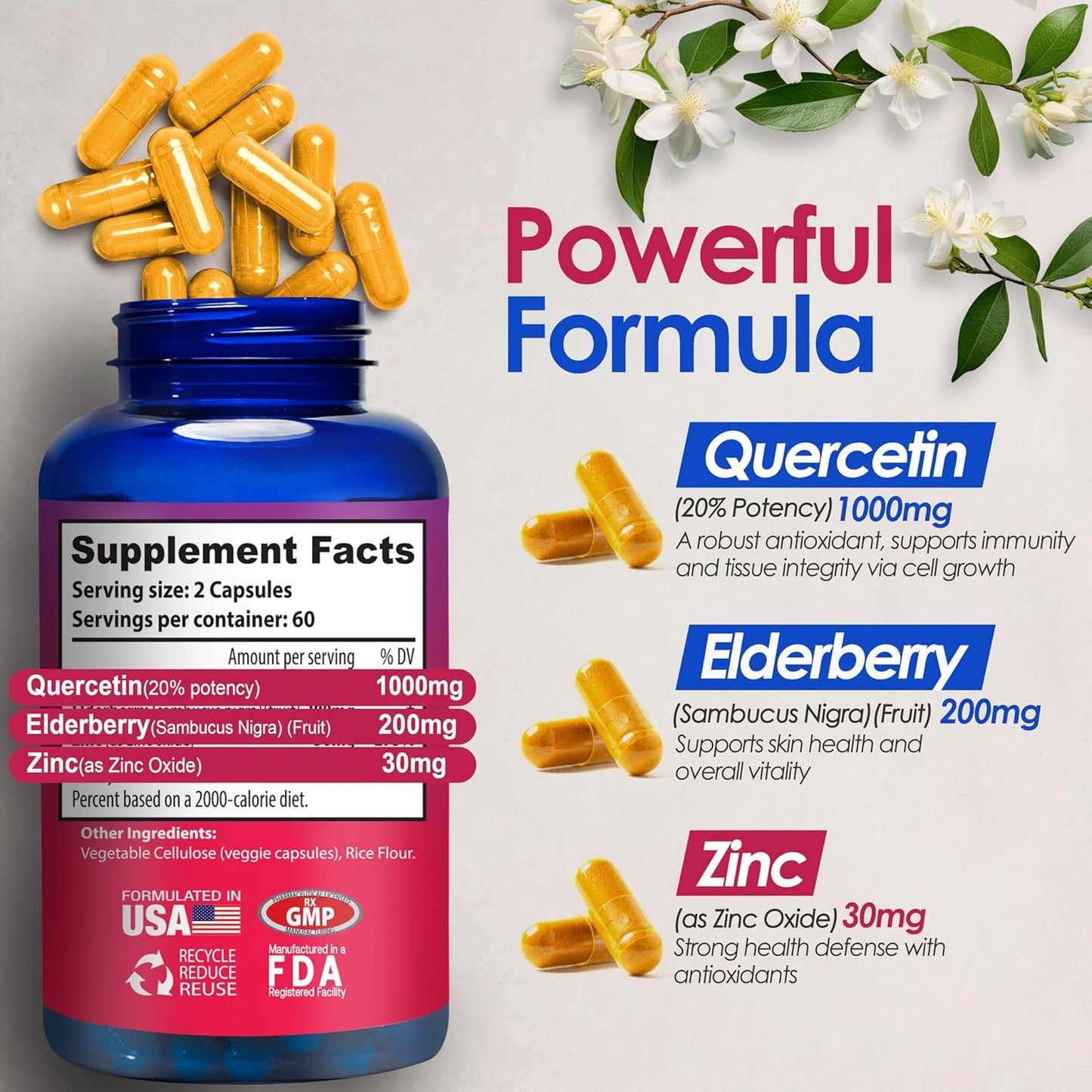 Quercetin 1000mg -Elderberry Zinc Quercetin Supplements Supports Immune- 120 Capsules (Pack of 1)