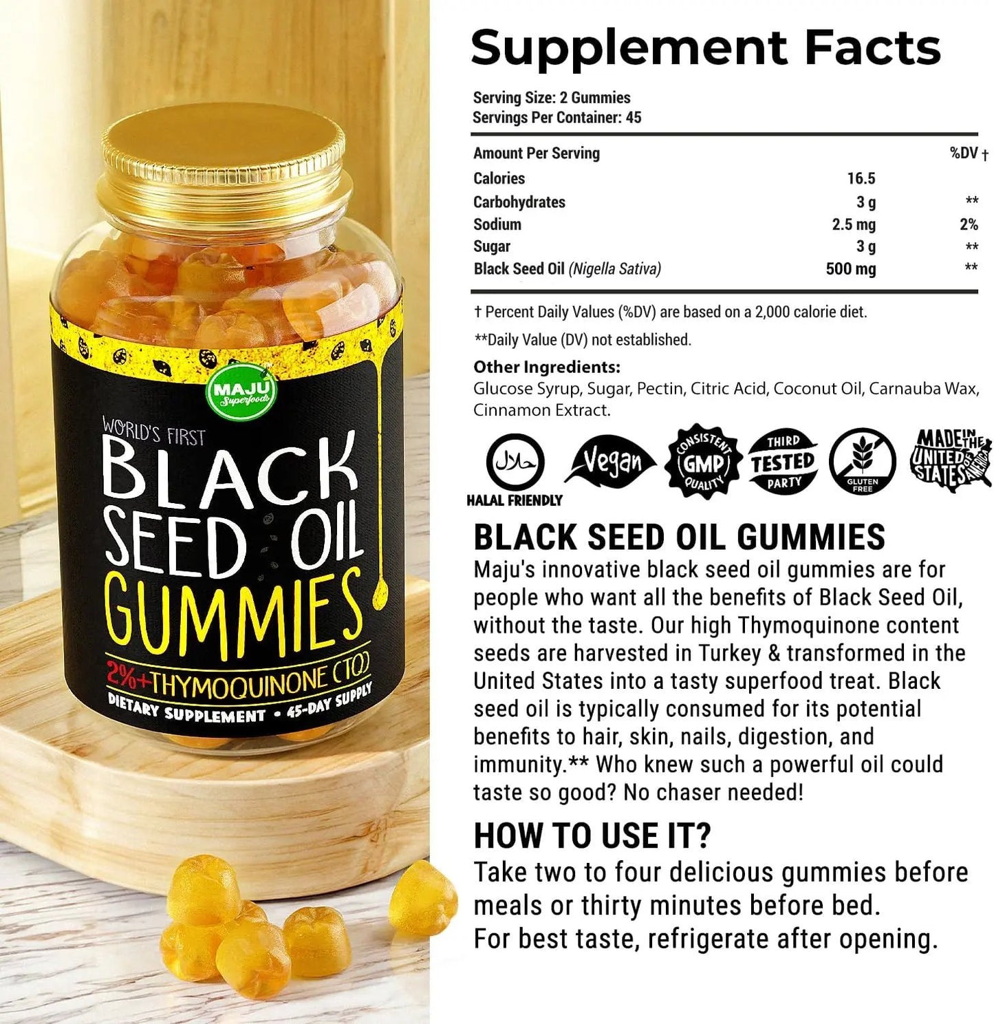 MAJU's Black Seed Oil Gummies, World's 1st, 2.5X Per BSO Gummy, Cumin Nigella Sativa Oil, Cold-Pressed, Potent Formula with Cinnamon Extract, Tasty, 500mg 90 ct Maju Superfoods