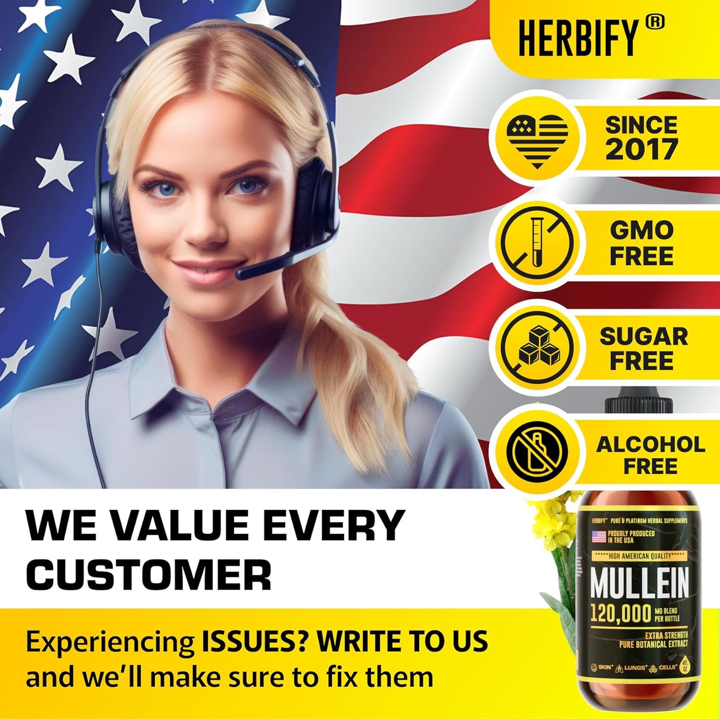 HERBIFY Mullein Drops - Lung Cleanse - Leaf Extract - Powerful Mullein for Immune Support,Detox & Respiratory Support - 4 Oz