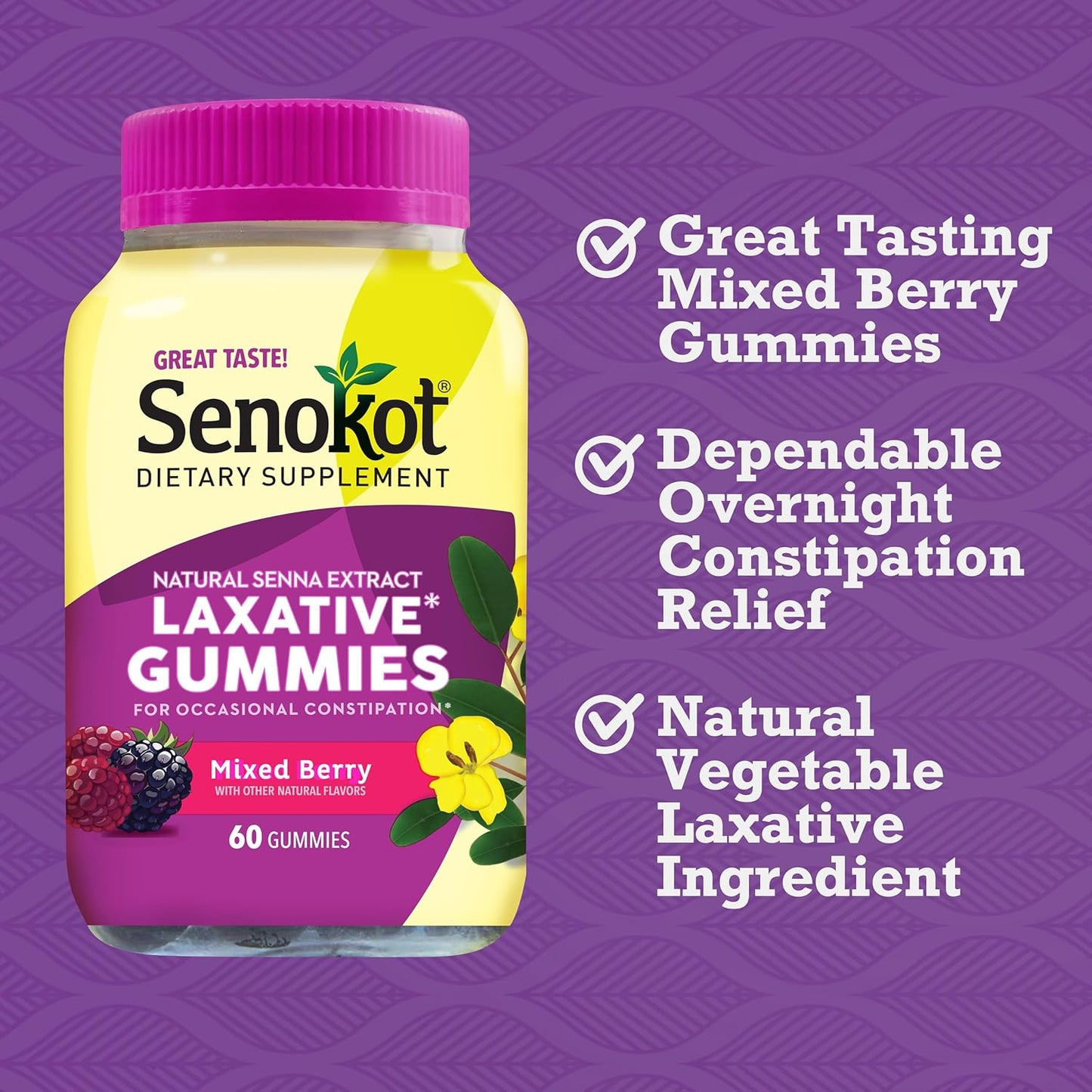 Senokot Dietary Supplement Laxative Gummies for Occasional Constipation Relief, Mixed Berry, 60 Count