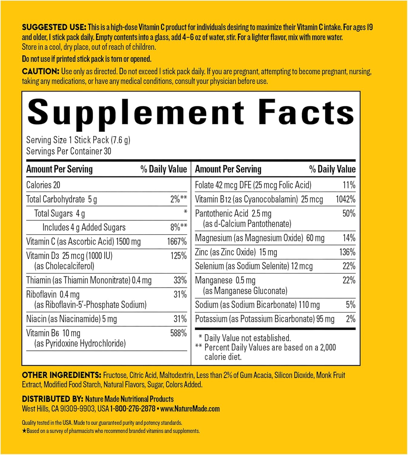 Nature Made Wellblends ImmuneMAX Fizzy Drink Mix, Vitamin C 1500mg, Zinc 15 mg, Vitamin D3 1000 IU (25 mcg), plus B Vitamins and Electrolytes Hydration Blend, 30 Stick Packs
