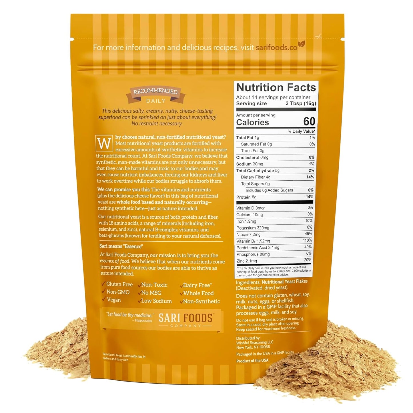 Sari Foods - Non-Fortified Nutritional Yeast Flakes, Superfood, Rich in Vegan Protein - 8oz