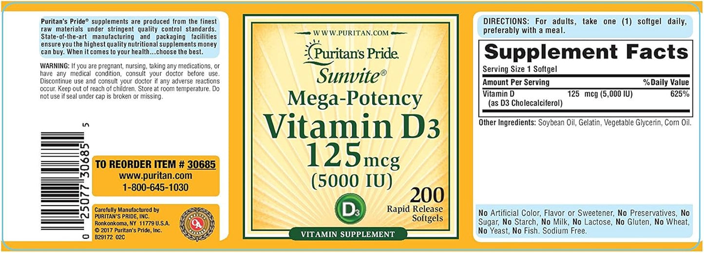 Puritan's Pride Vitamin D3 5000 IU - 200 Soft Gels