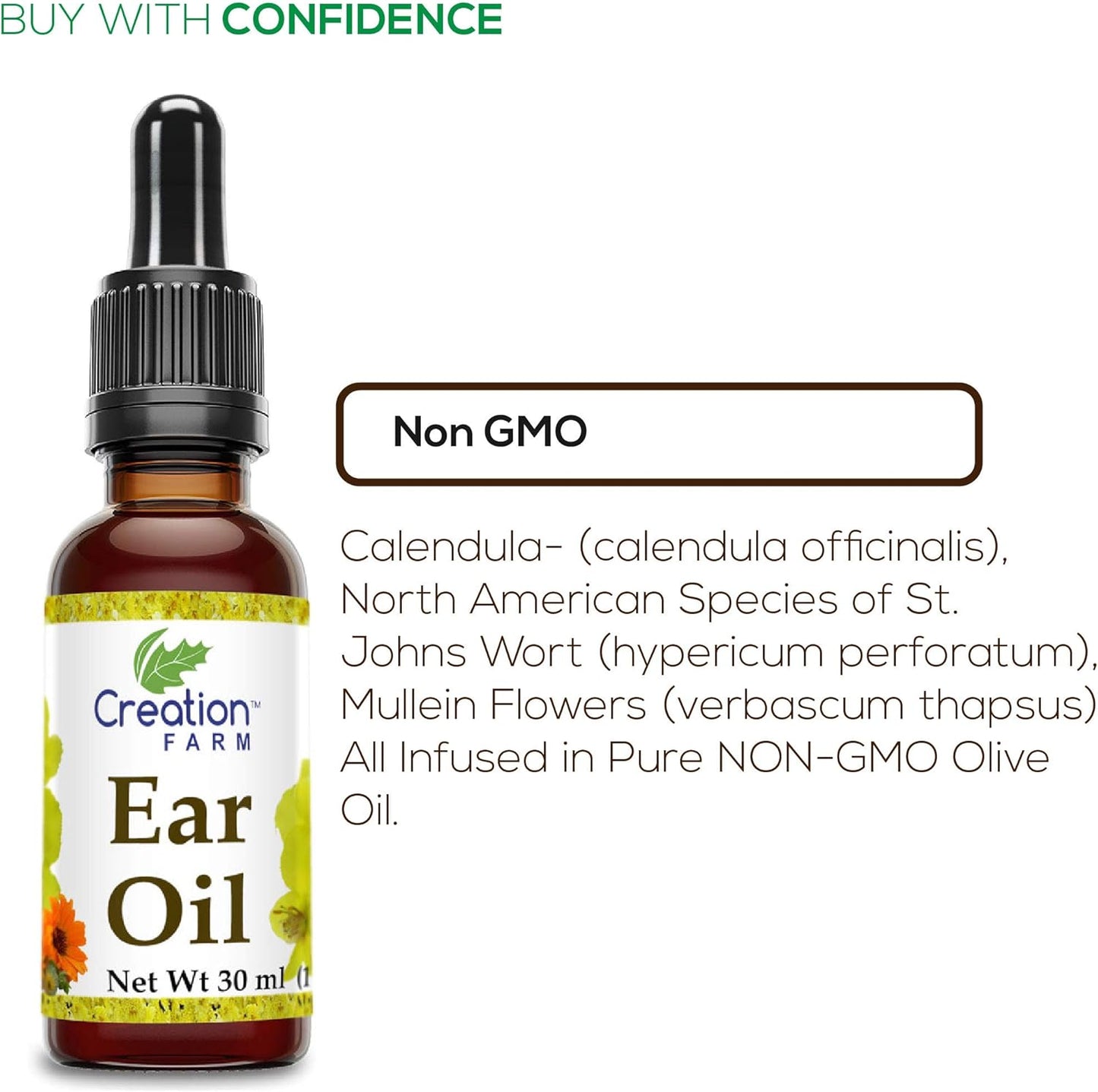 Creation Farm Ear Oil Drops with Mullein, Calendula, St Johns Wort, All Natural Herbal Relief for Earwax Removal, Earache Soothing, Itchy Irritated, Clogged or Dry Ears Made in USA