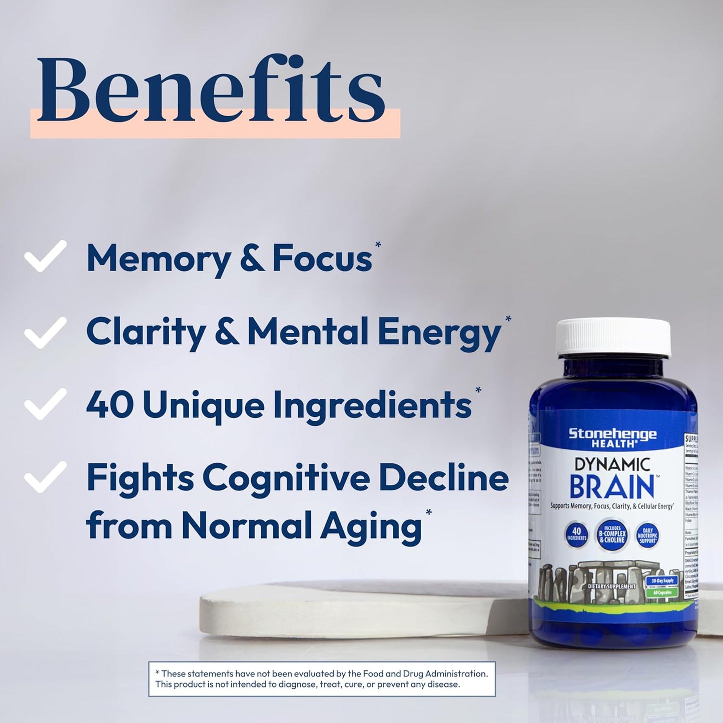 Stonehenge Health Dynamic Brain Supplement – Memory, Focus, & Clarity– Formulated with 40 Unique Nootropic Ingredients 60 capsules
