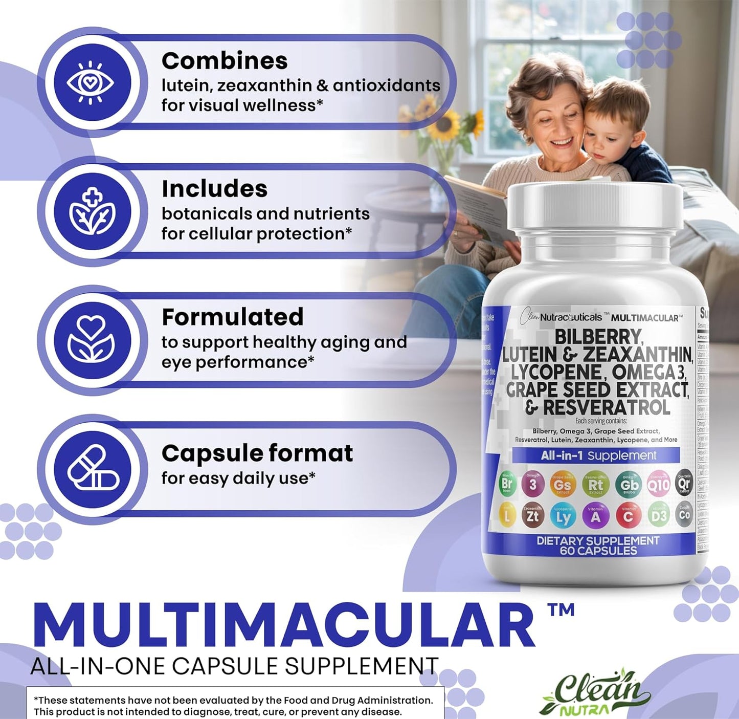 Clean Nutra All-in-1 Eye Vitamins Supplements, 60 Capsules