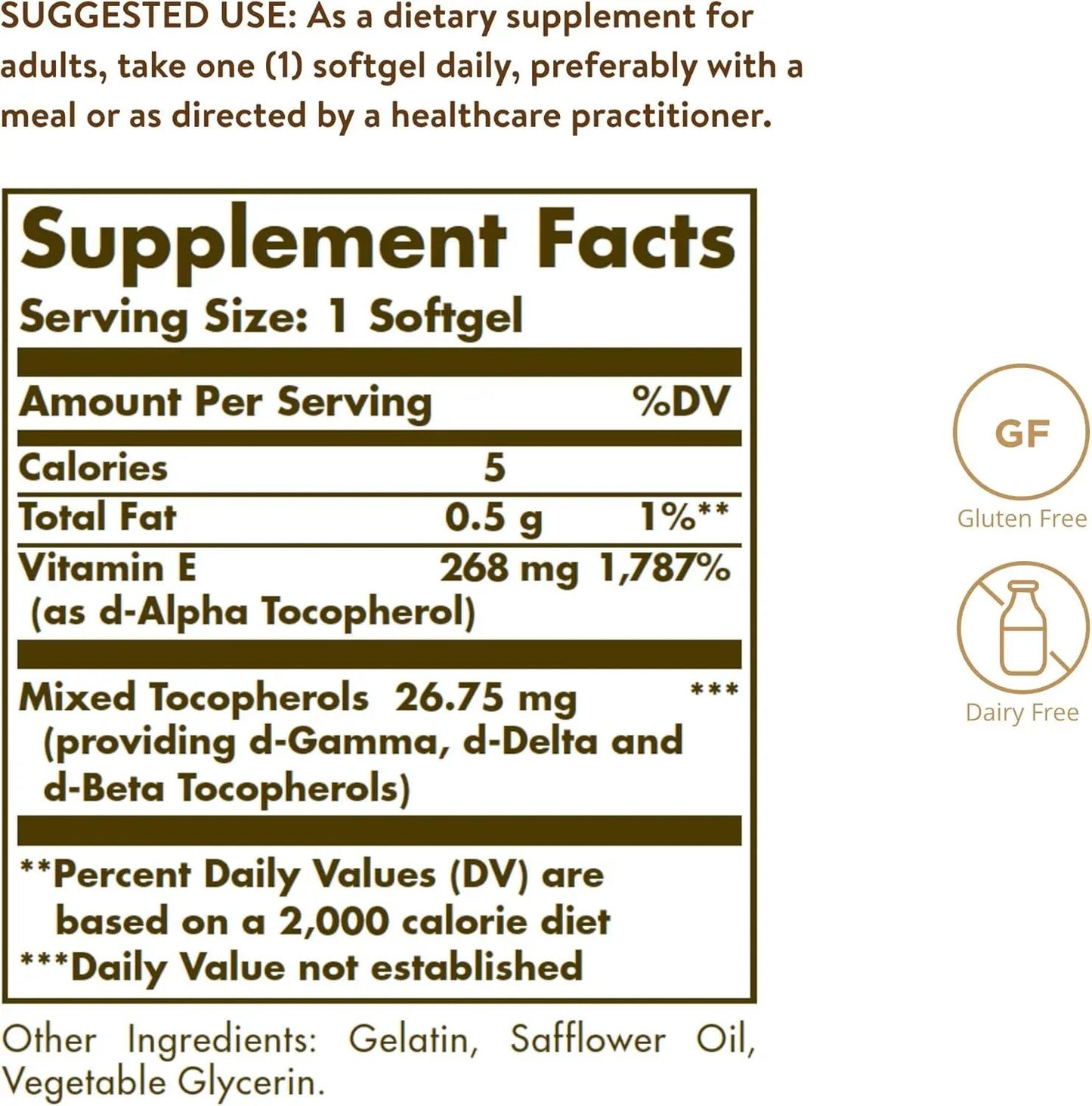 Solgar Vitamin E 268 MG (400 IU) Mixed (d-Alpha Tocopherol & Mixed Tocopherols - Supports Immune System & Skin Nutrition - Natural Antioxidant - Gluten & Dairy Free - 100 Count (Pack of 1) SOLGAR