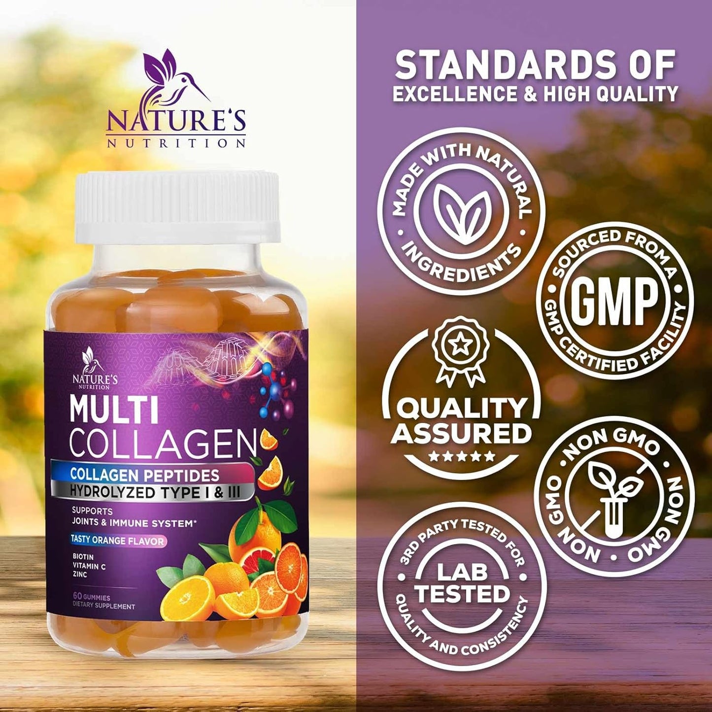 Nature's Nutrition Collagen Type 1 and 3 - Support for Hair, Skin, & Nails - 60 Gummies