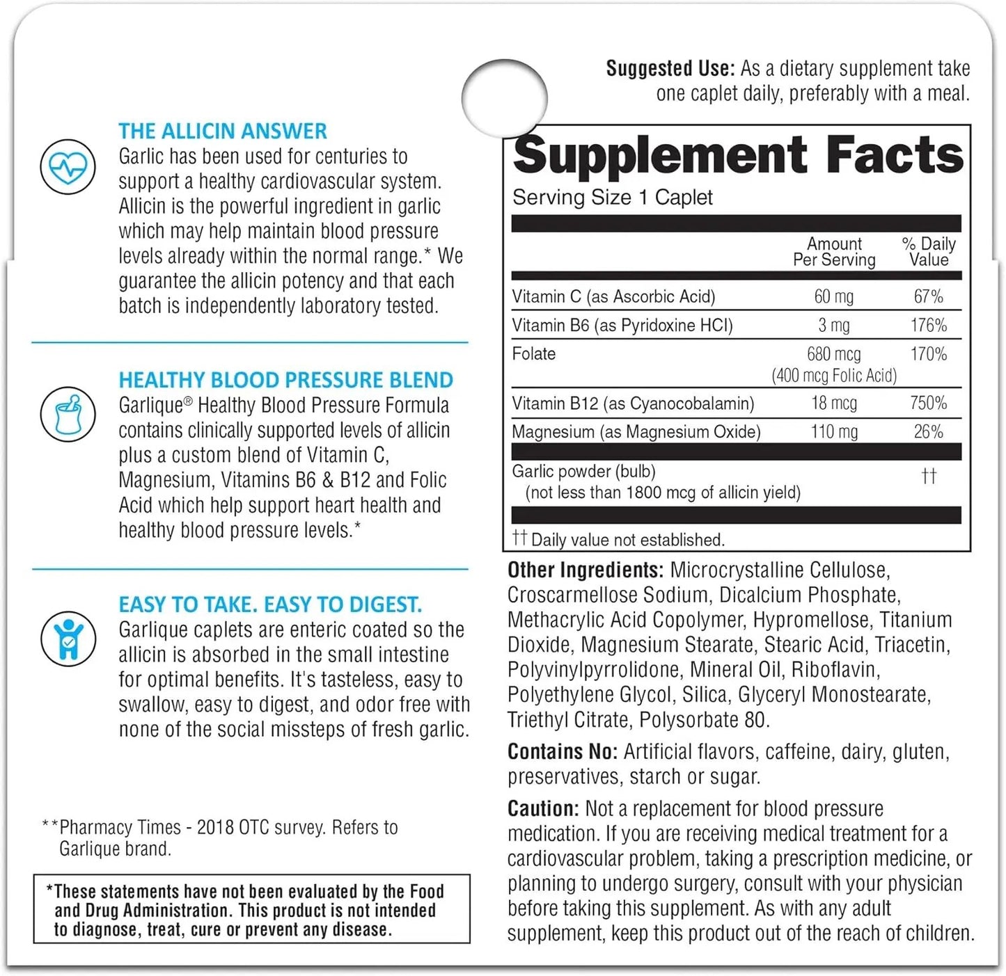 Garlique Healthy Blood Pressure Support Supplement, Odor Free Garlic, 1800 mcg Allicin, 60 Ct Garlique