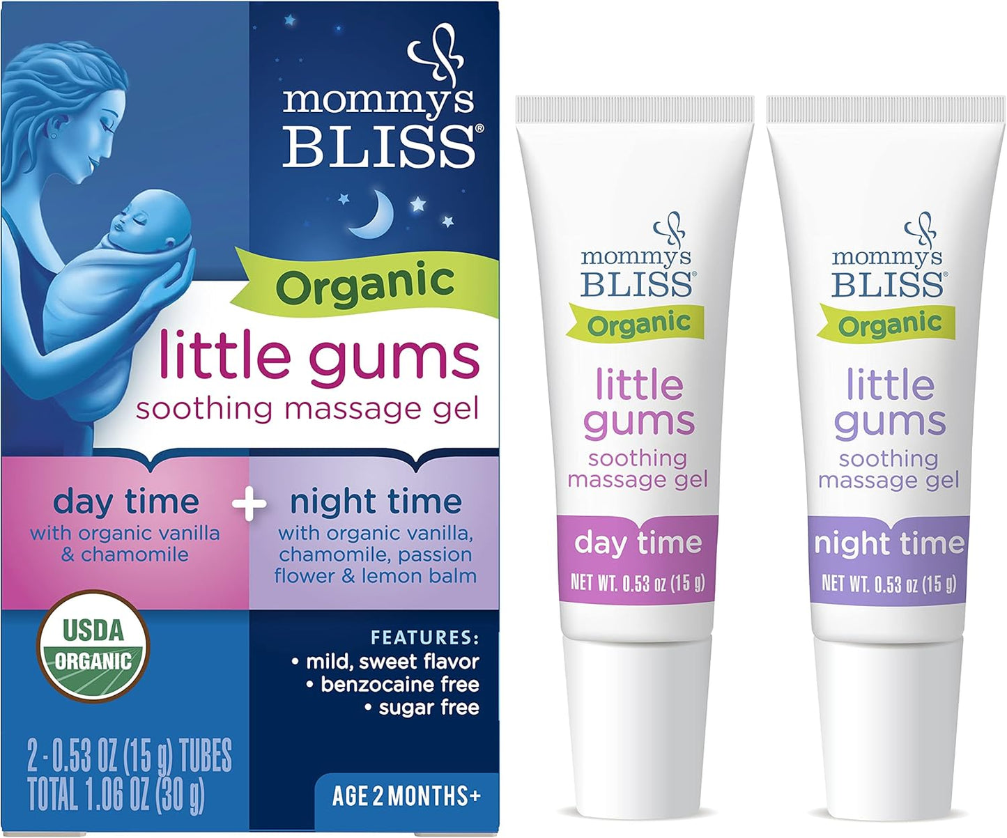 Mommy's Bliss Organic Little Gums Soothing Massage Gel Day and Night Combo, Helps with Tender Gums, Age 2 Months+, Sugar Free, Mild & Sweet Flavor, 2 - 0.53 Oz Tubes (Pack of 1)