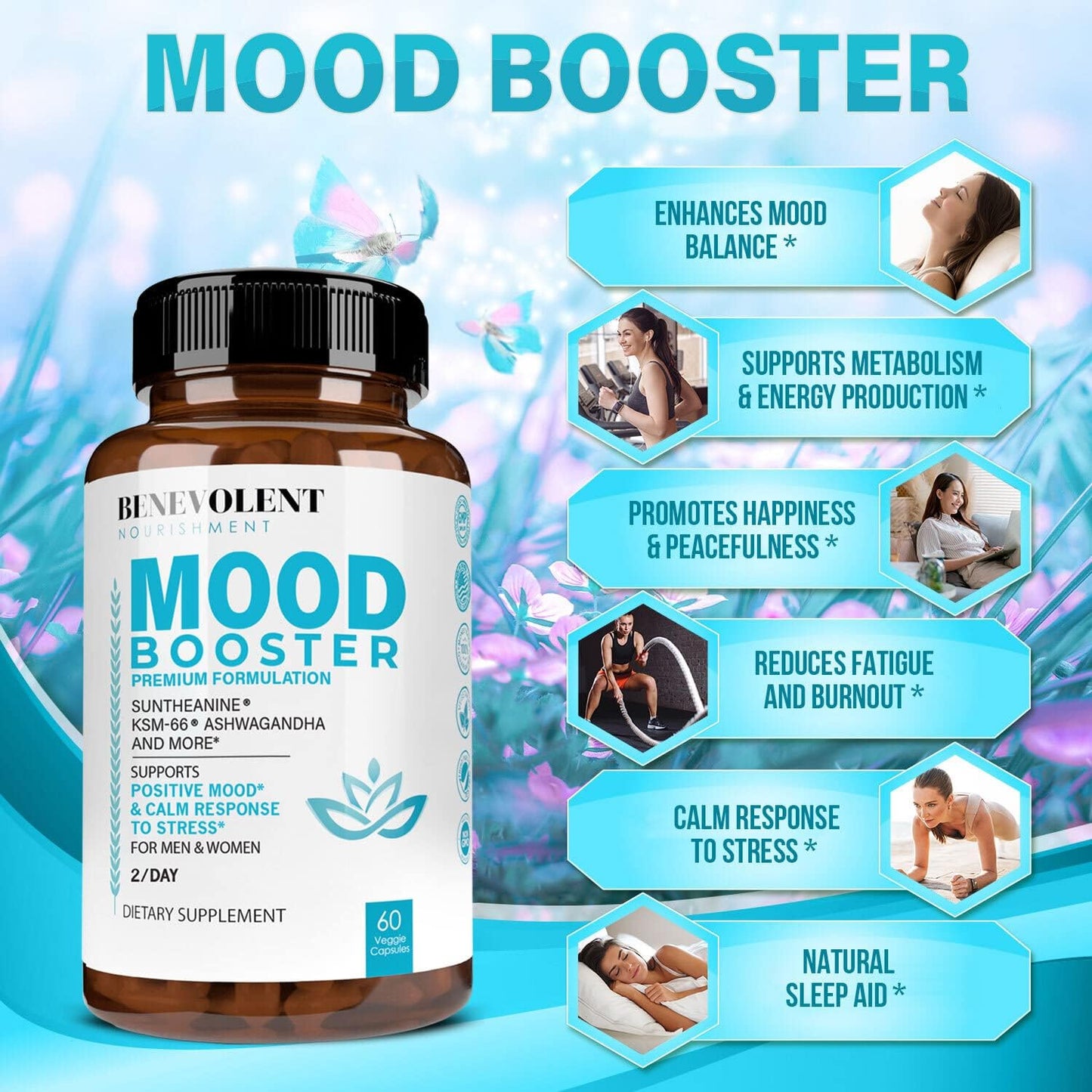 Calm Mood Booster Supplement - Natural Happy Pills for Stress, Sleep & Mood Support - 60 Count