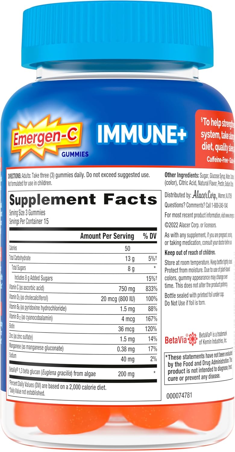 Emergen-C Immune Plus Vitamin D and C Gummies, Super Orange, 45 ct