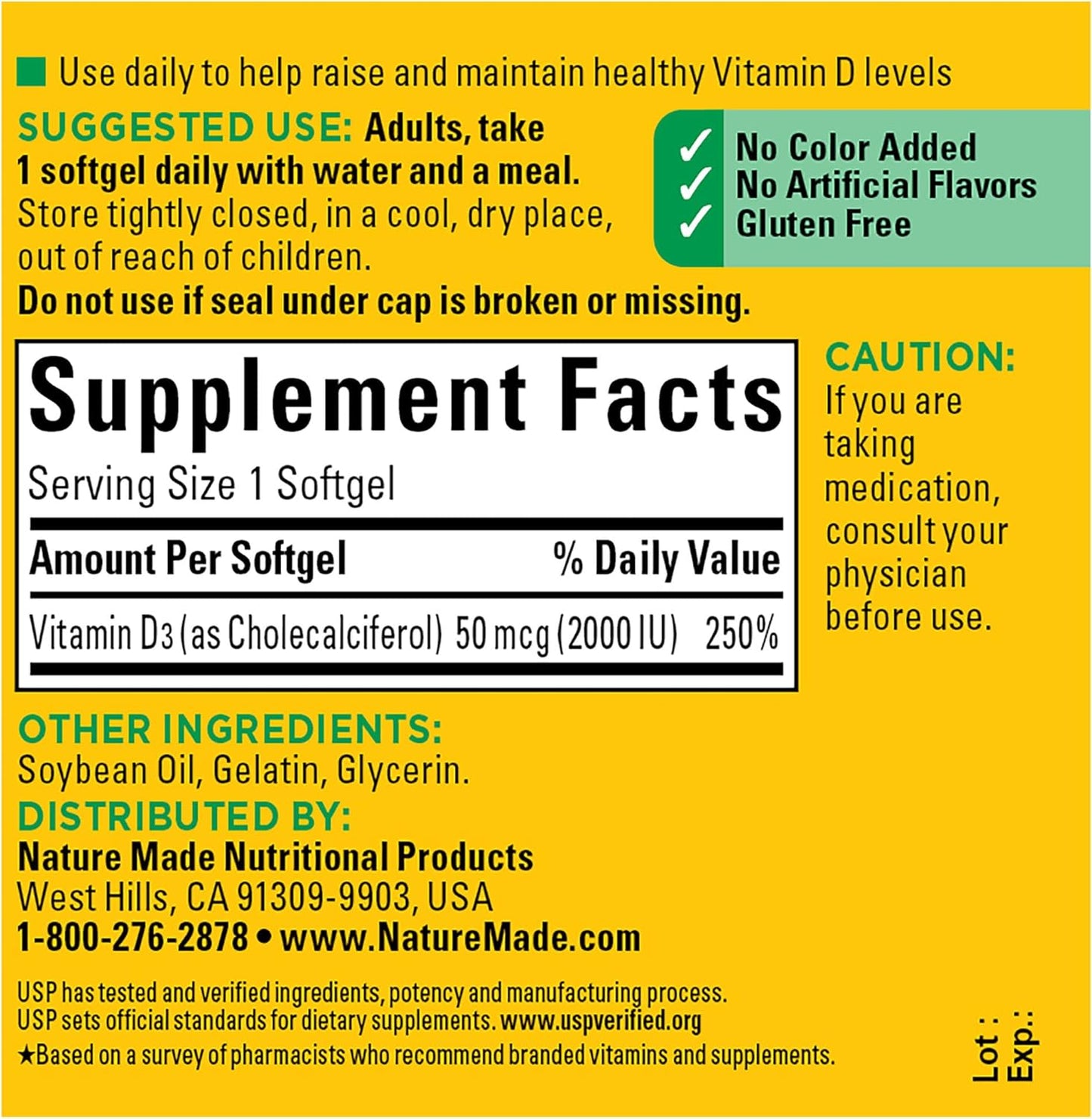 Nature Made Vitamin D3 2000 IU (50 mcg), 90 Softgels
