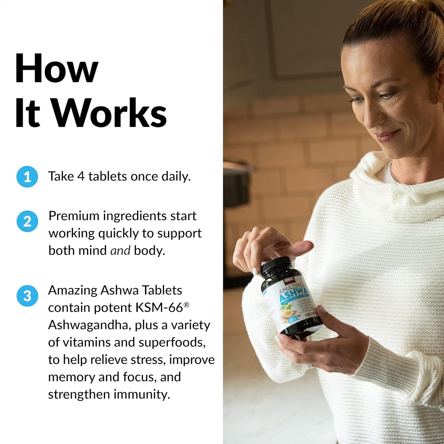 FORCE FACTOR Amazing Ashwa for Stress Relief, Memory, Focus, and Immune Support Health - 120 Tablets
