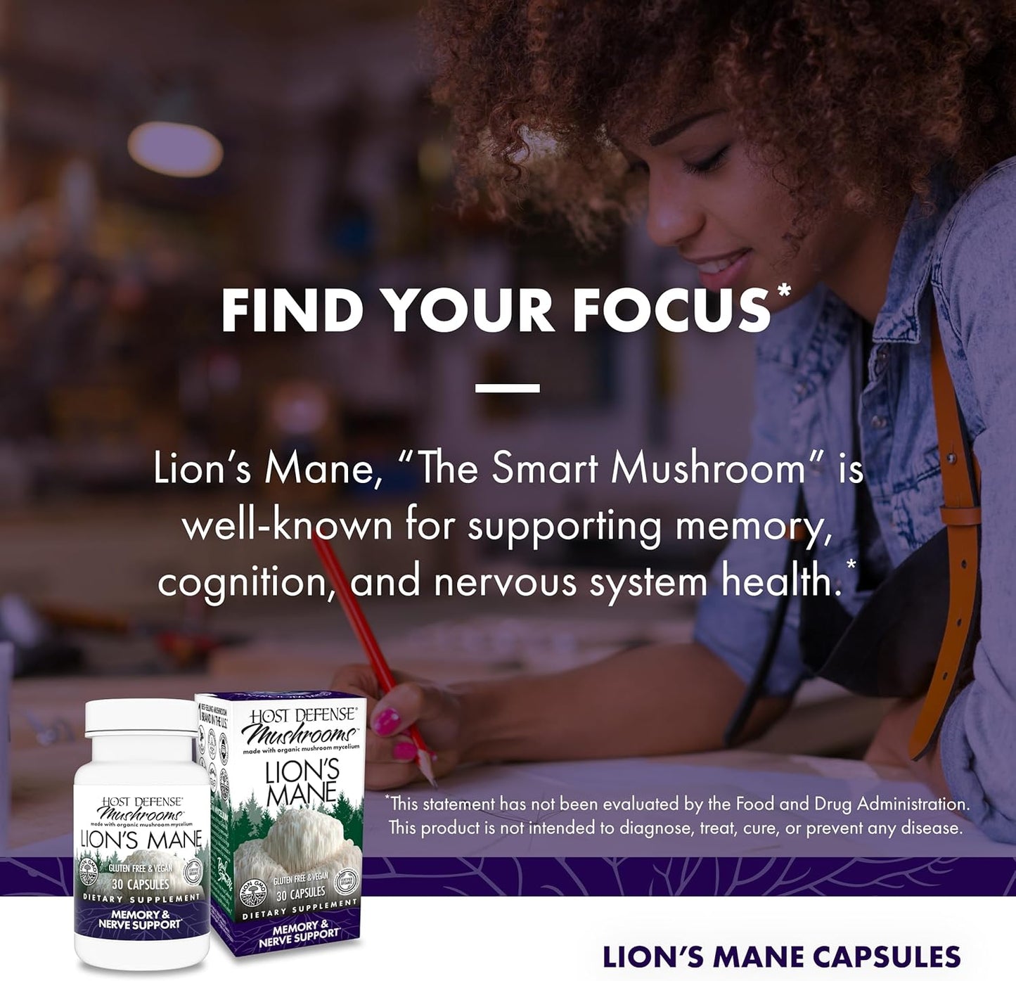 Host Defense, Lion's Mane Capsules, Promotes Mental Clarity, Focus and Memory, Mushroom Supplement, 60 Count