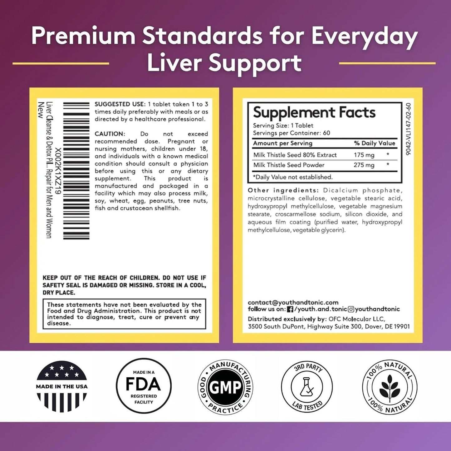 Youth & Tonic Liver Detox Cleanse Pills with Silymarin Milk Thistle Complex to Maintain a Good Liver Health | Liver Support Supplement | 60 Herbal Capsules Youth & Tonic