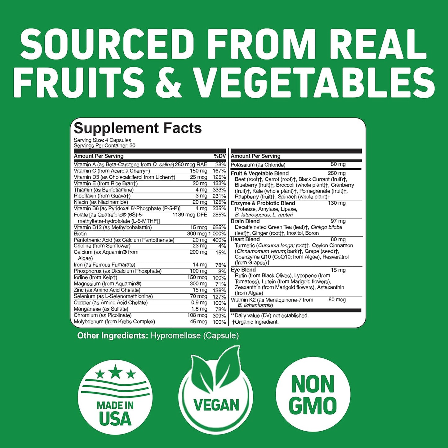 Herbtonics Whole Food Multivitamin for Women & Men with Superfoods from Whole Food Markets | Real Raw Veggies, Fruits, Vitamin E, A, B Complex | Vegan Non-GMO 120 caps