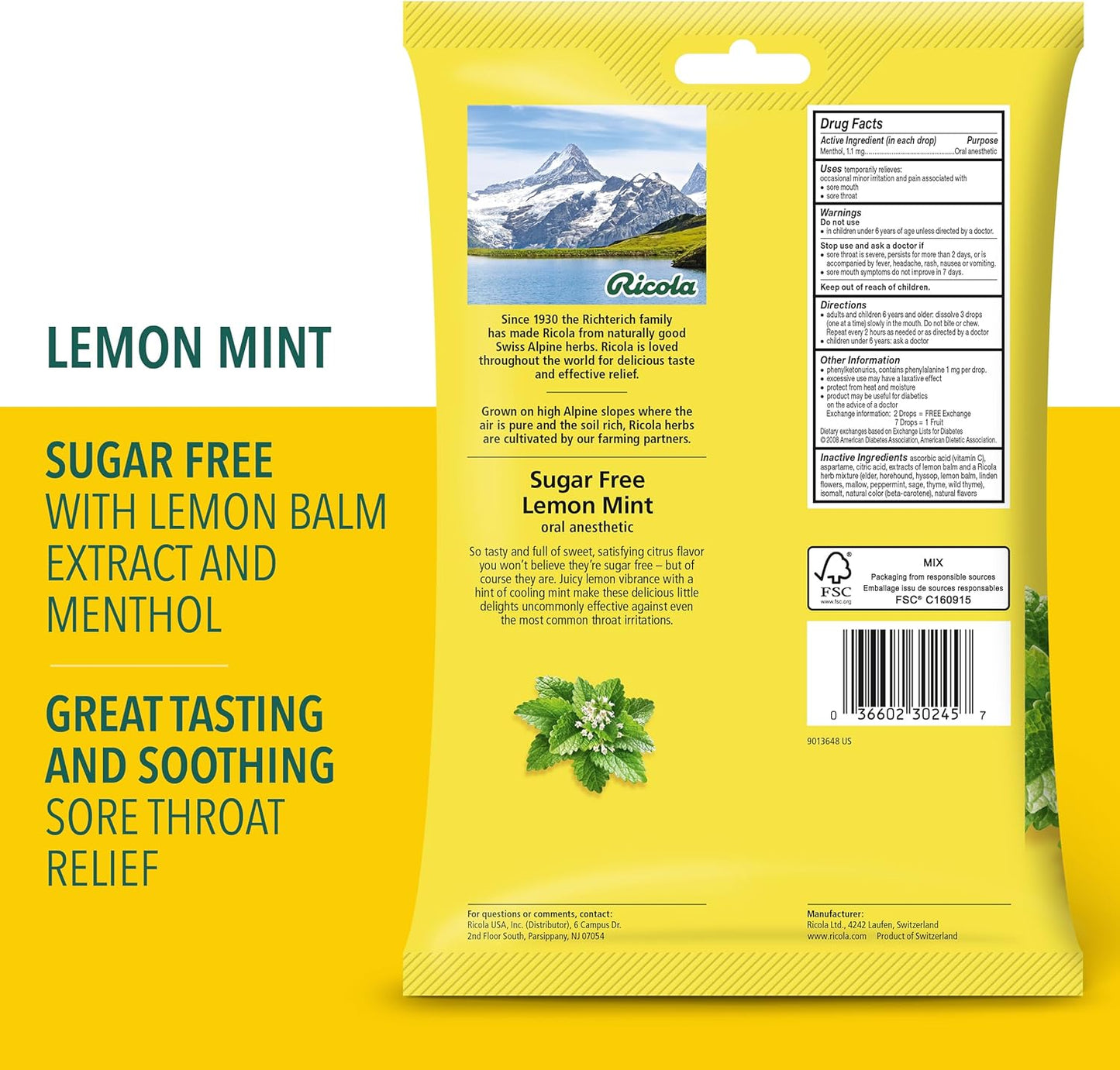 Ricola Cough Drops, Soothing Relief for Dry, Sore Throat, Sugar Free Lemon Mint, 45 Count