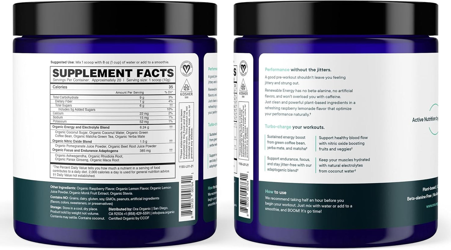 Ora Organic Natural Pre Workout Powder - Raspberry Lemonade Flavor- Provides Jitter Free Energy, Focus, Hydration, & Endurance - Vegan, Certified Organic, Soy, Dairy, & Gluten Free, 20 Servings