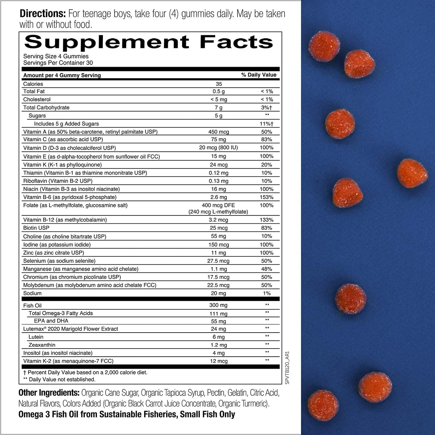 SmartyPants Teen Guy Formula, Daily Multivitamin Gummies: Vitamins C, B12, K, Zinc, & Biotin for Immune Support, Energy, Skin & Hair Support, Assorted Fruit Flavor, 120 Gummies (30 Day Supply)