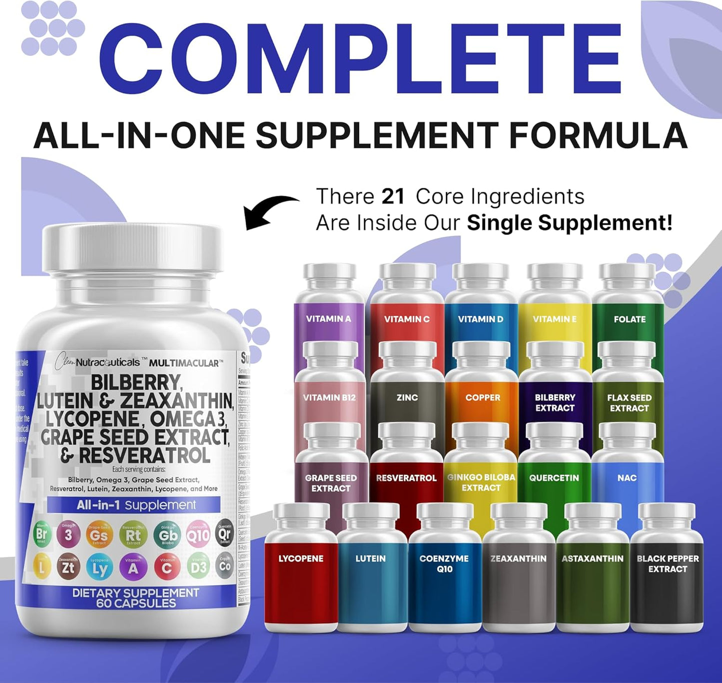 Clean Nutra All-in-1 Eye Vitamins Supplements, 60 Capsules