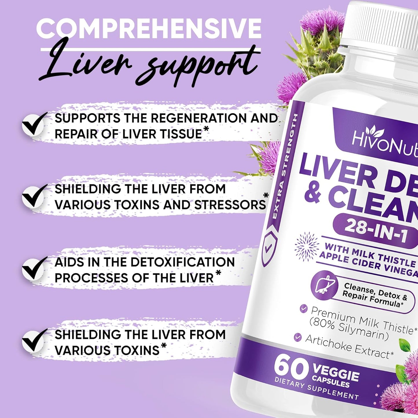 HivoNutra 28-in-1 Liver Cleanse Detox & Repair Fatty Liver Formula - Milk Thistle Silymarin, Artichoke Extract, Dandelion & Apple Cider Vinegar - Liver Health Supplement Support Pills - Vegan Capsules