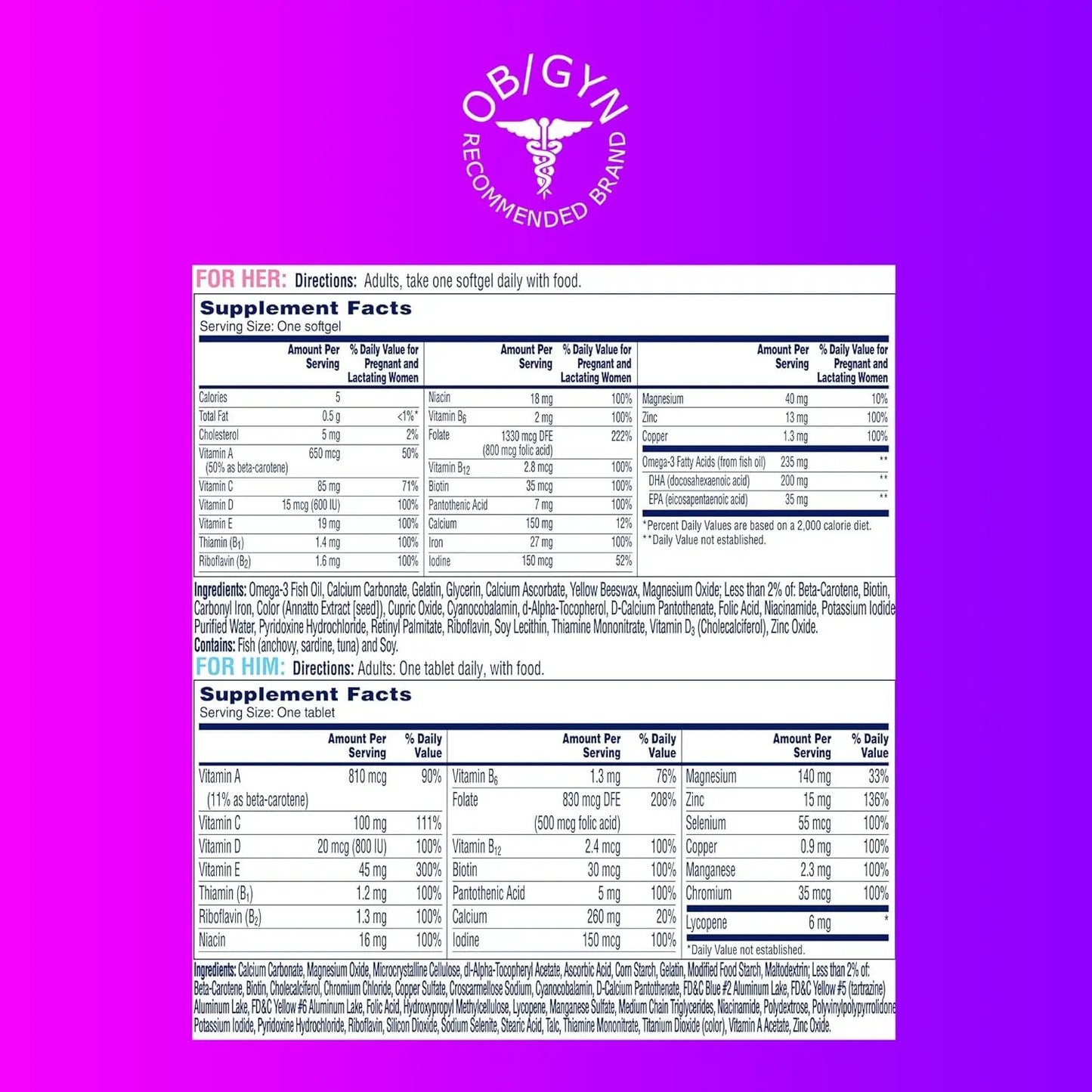 ONE A DAY Men's & Women's Pre-Pregnancy Multivitamin including Vitamins A, C, D, B6, B12, Folic Acid & more, 30+30 Ct One A Day