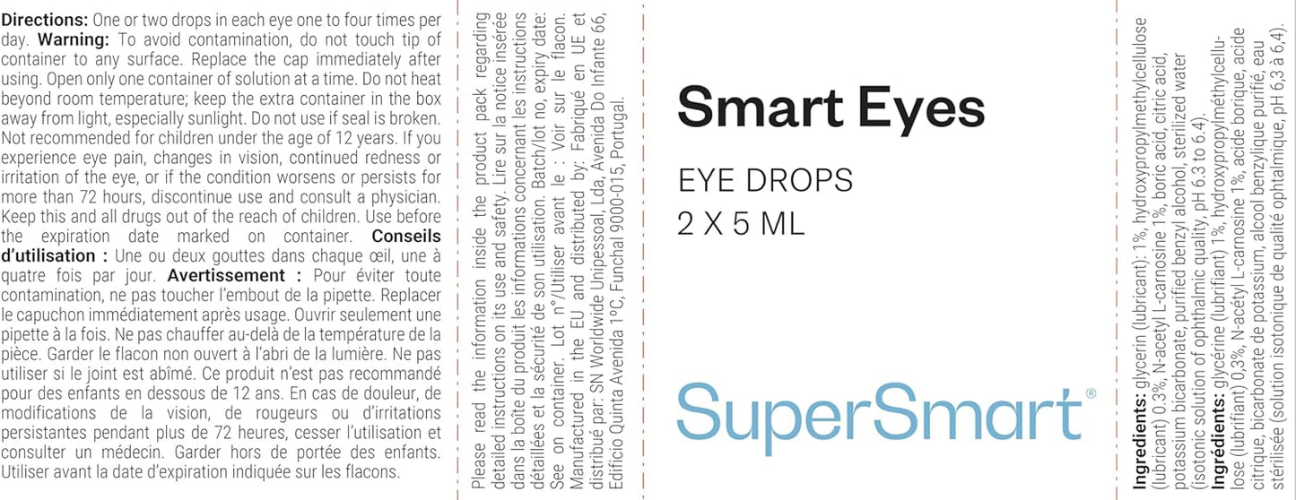 Supersmart - Smart Eyes™ - Eye Drops with 1% N-Acetyl-L-carnosine - Helps to Prevent Dry Eye & Irritation | Non-GMO & Gluten Free - 2 Containers of 5 ml