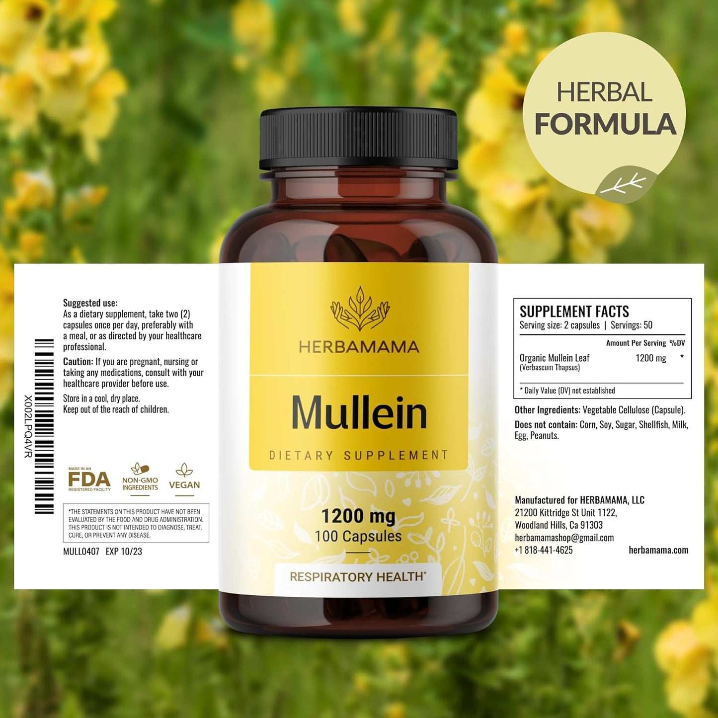 Mullein Leaf Capsules - Lung Cleanse - Respiratory Health - Organic Mullein Leaf Extract for Lung Detox - 1200mg 100 Vegan Caps