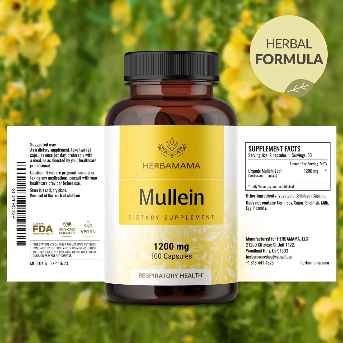 Mullein Leaf Capsules - Lung Cleanse - Respiratory Health - Organic Mullein Leaf Extract for Lung Detox - 1200mg 100 Vegan Caps HERBAMAMA