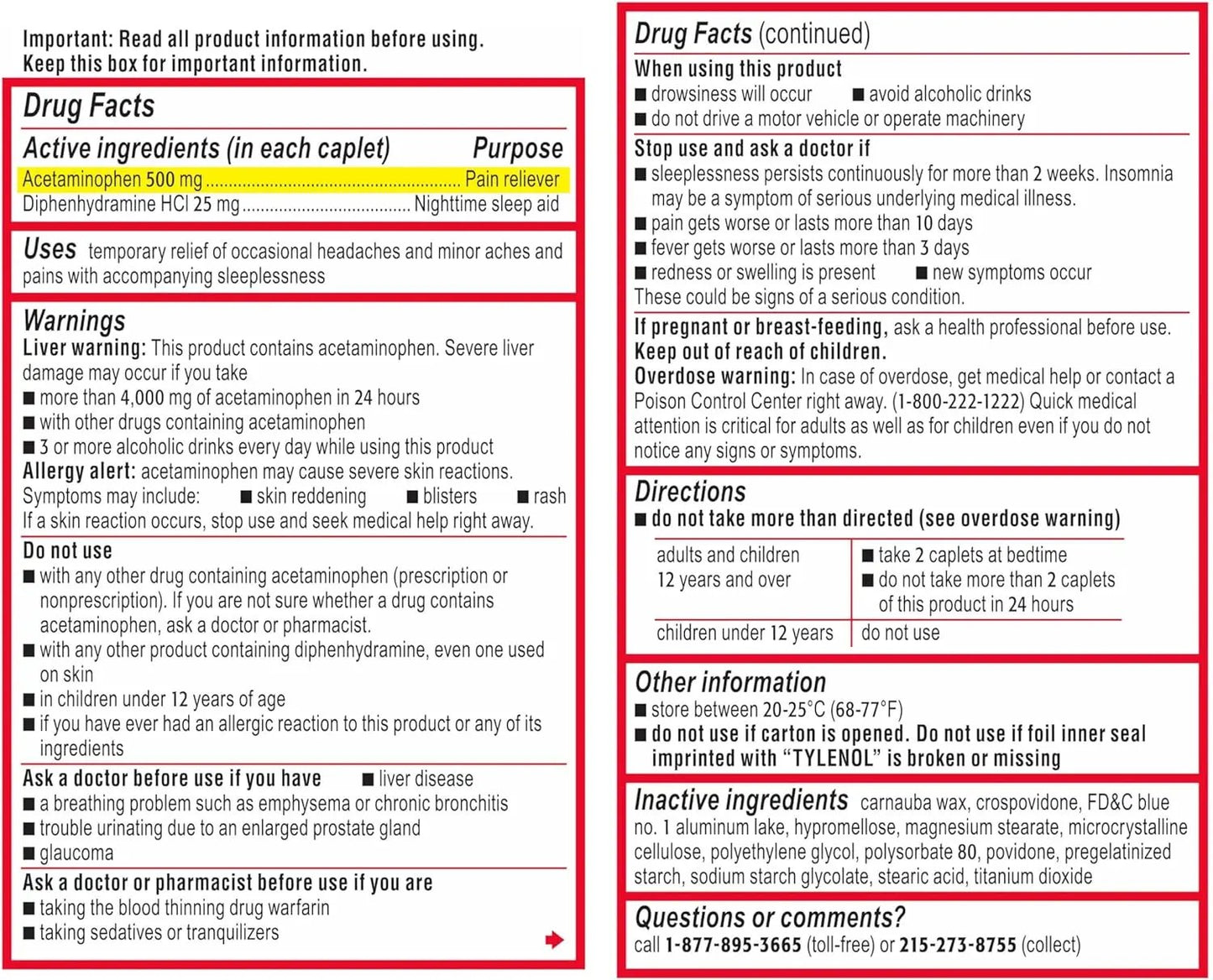 Tylenol PM Extra Strength Nighttime Pain Reliever Sleep Aid Caplets with Acetaminophen & Diphenhydramine HCl, 50 caps of two Tylenol