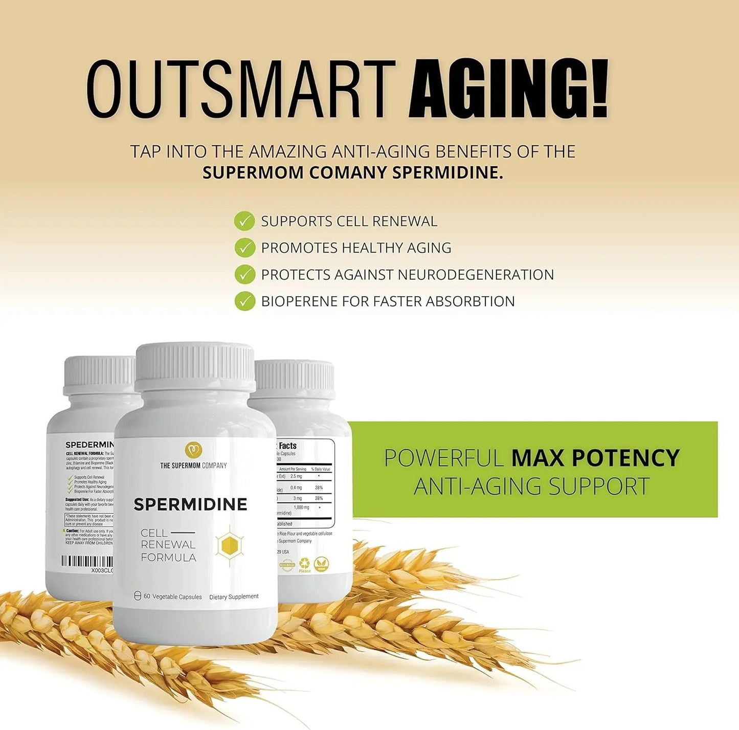 Spermidine 60 Vegetable Capsules - Wheat Germ Extract with 1000 mg Spermidine Supplement, Bioperine for Maximum Absorption and Zinc for Cell Membrane Renewal – Telomere Health and Healthy Aging The Supermom Company