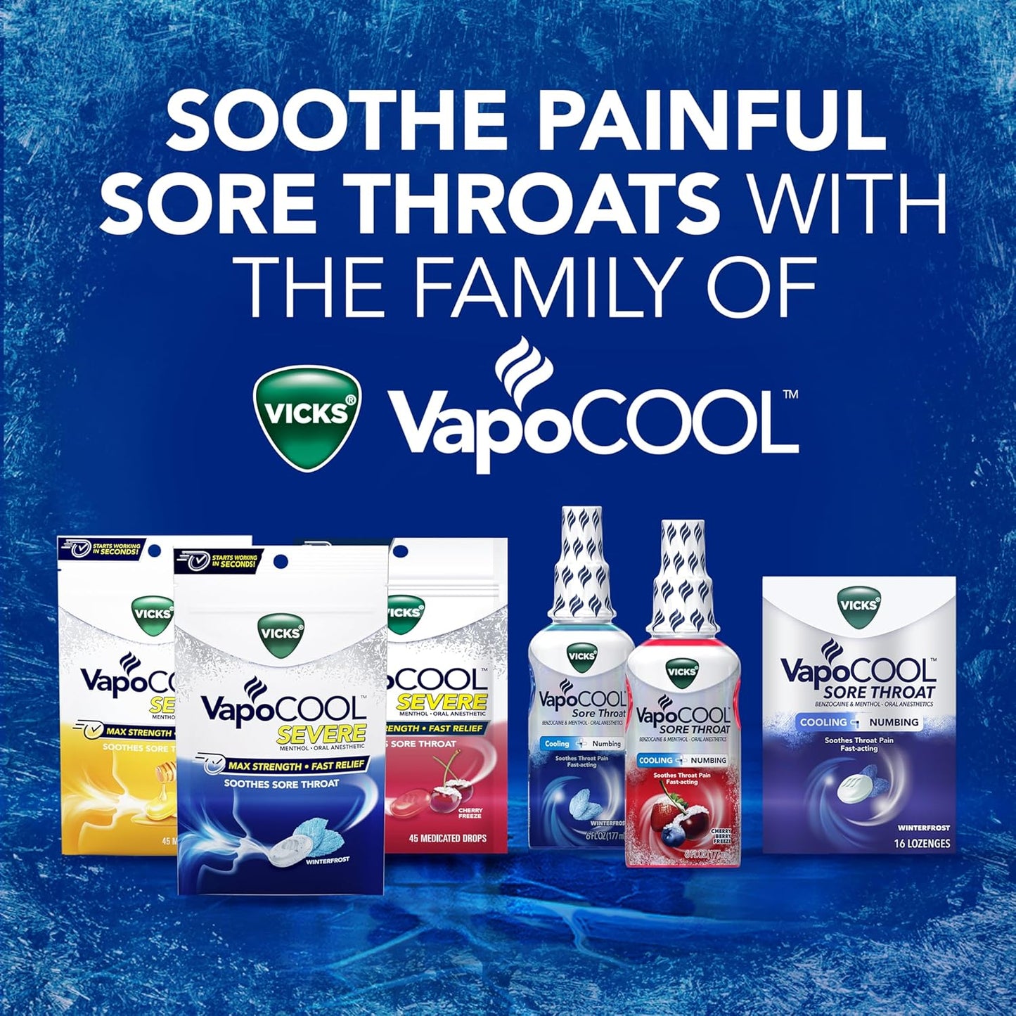 Vicks Vapocool Severe Medicated Sore Throat Drops, Menthol, Winterfrost Flavor, 45 Ct