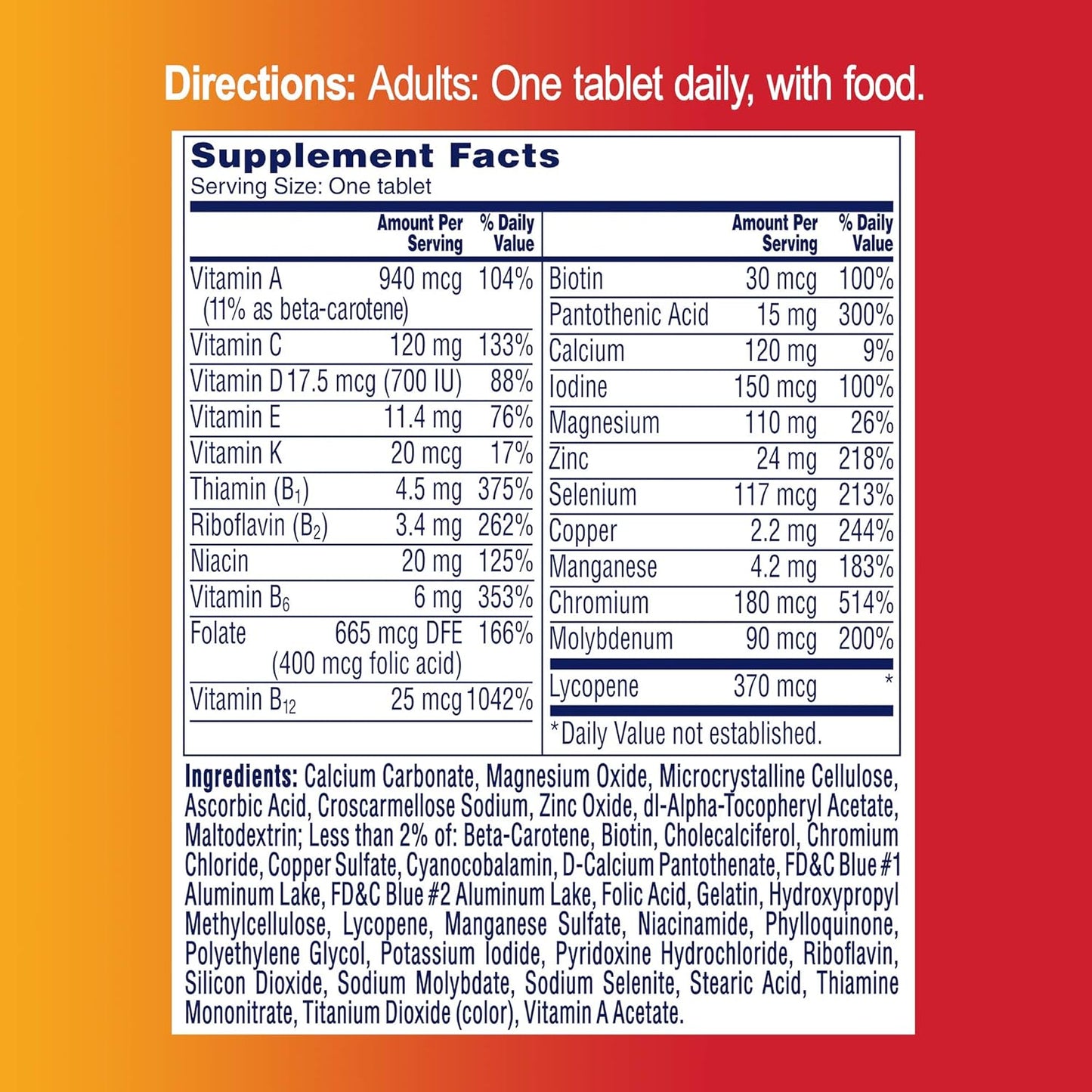 One A Day Adult Triple Immune Support* Complete Multivitamin, Supplement with Vitamins C, Vitamin D, & Zinc, 100 Count One A Day