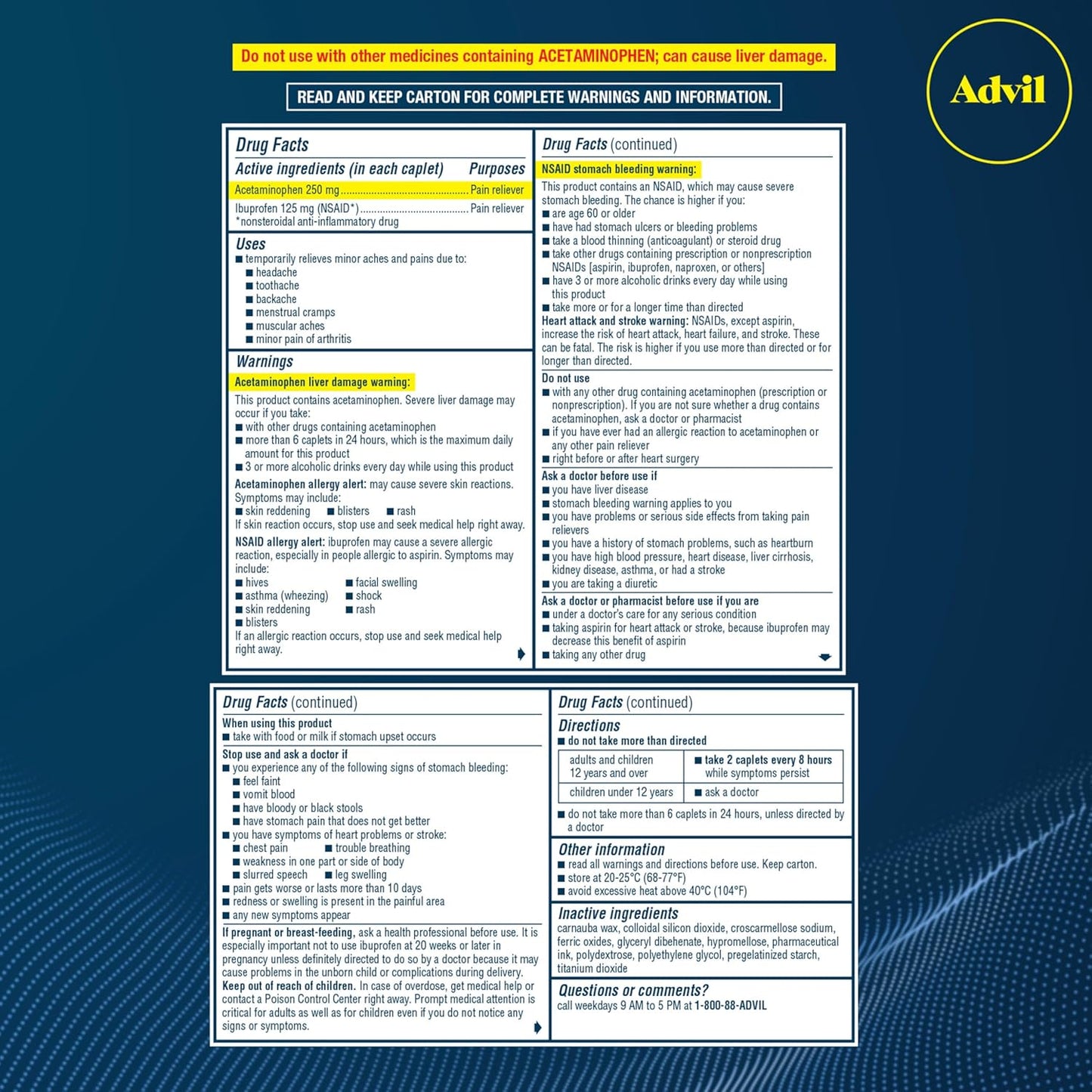 Advil Dual Action With Acetaminophen Pain and Headache Reliever Ibuprofen, Coated Tablets, 72 Count