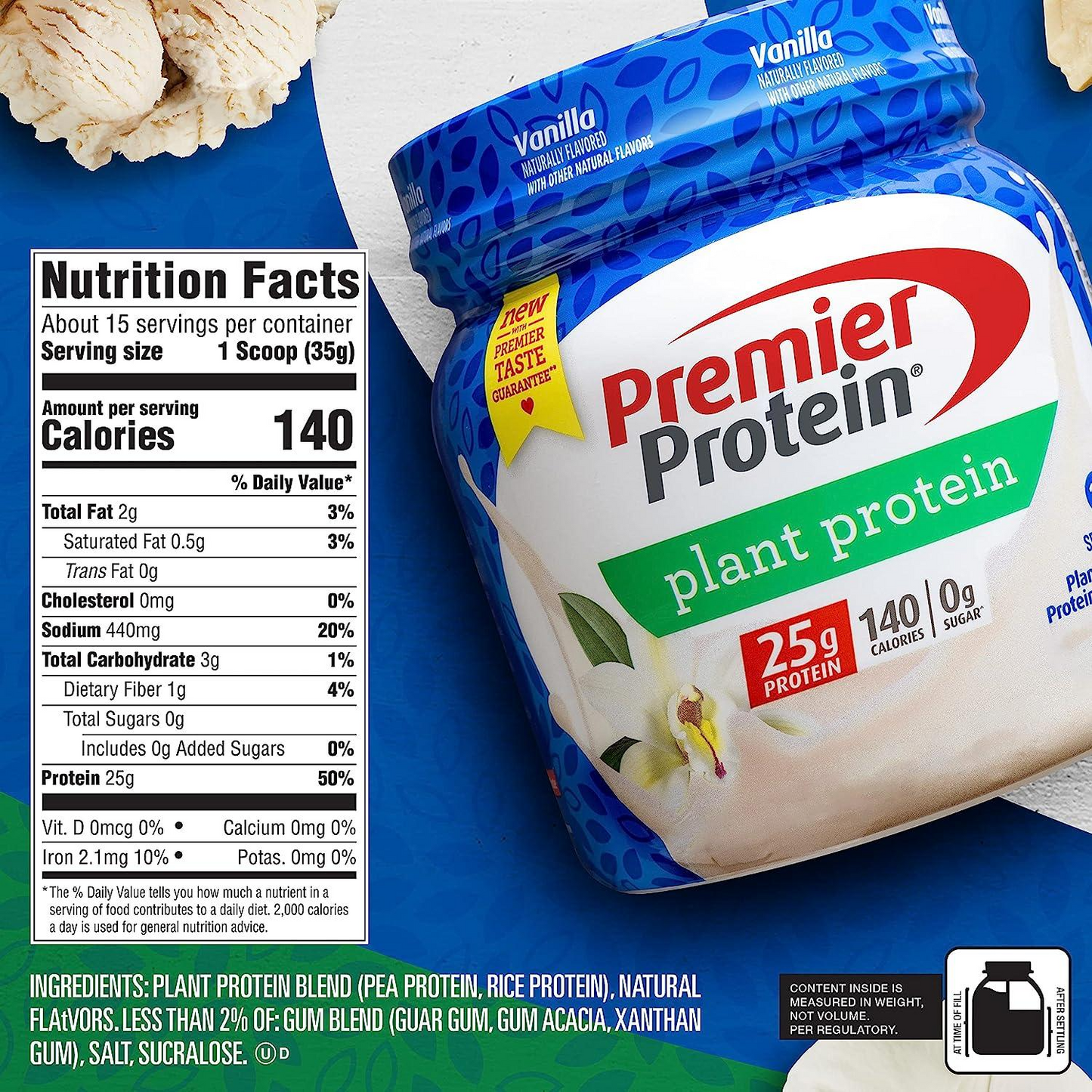 Premier Protein Powder Plant Protein, Vanilla, 25g Plant-Based Protein, 0g Sugar, Gluten Free, No Soy or Dairy Ingredients, 15 Servings