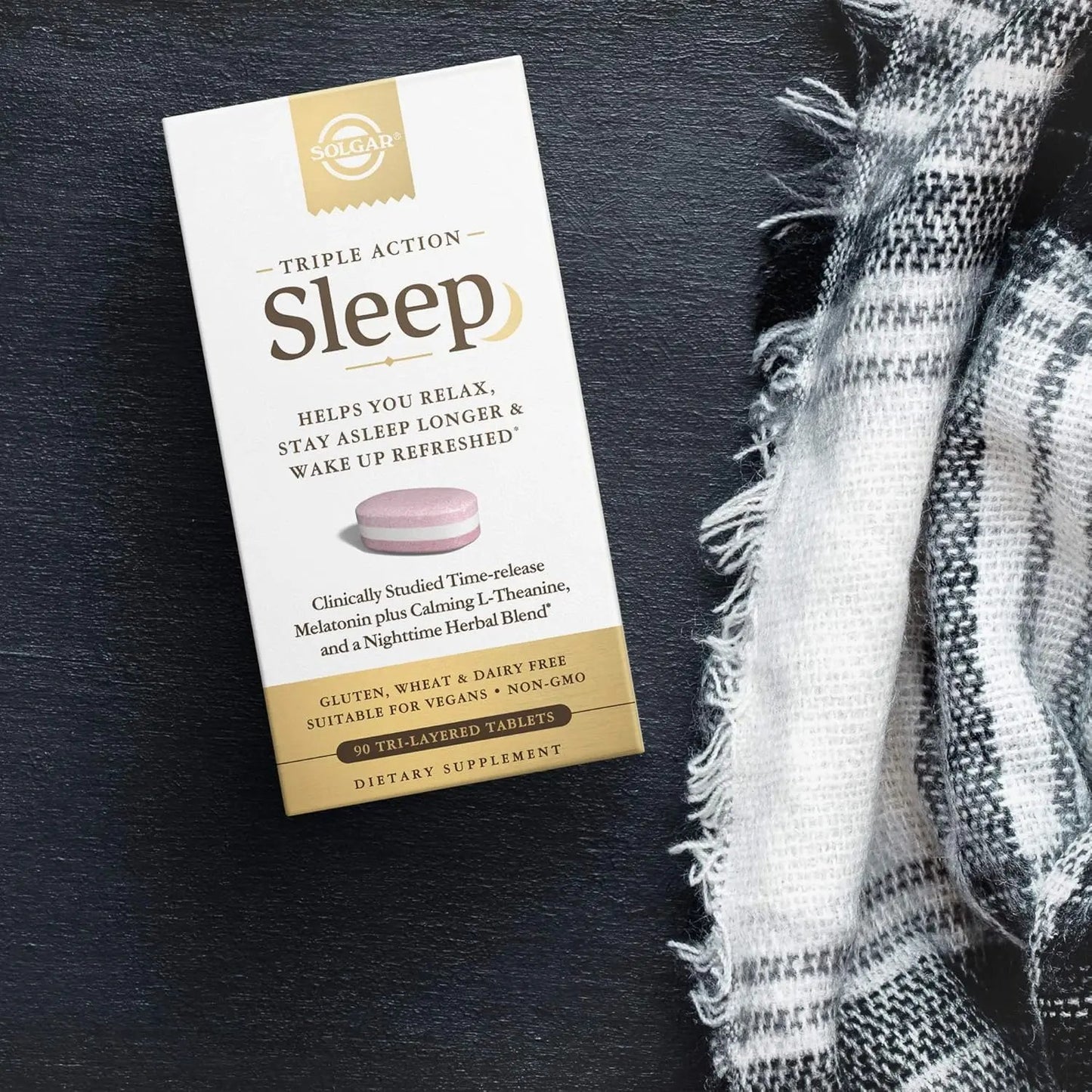Solgar Triple Action Sleep, 90 Tri-Layer Tablets - Time-Release Melatonin & L-Theanine Plus Herbal Blend - Helps You Relax - Non-GMO, Gluten Free - 90 Servings SOLGAR