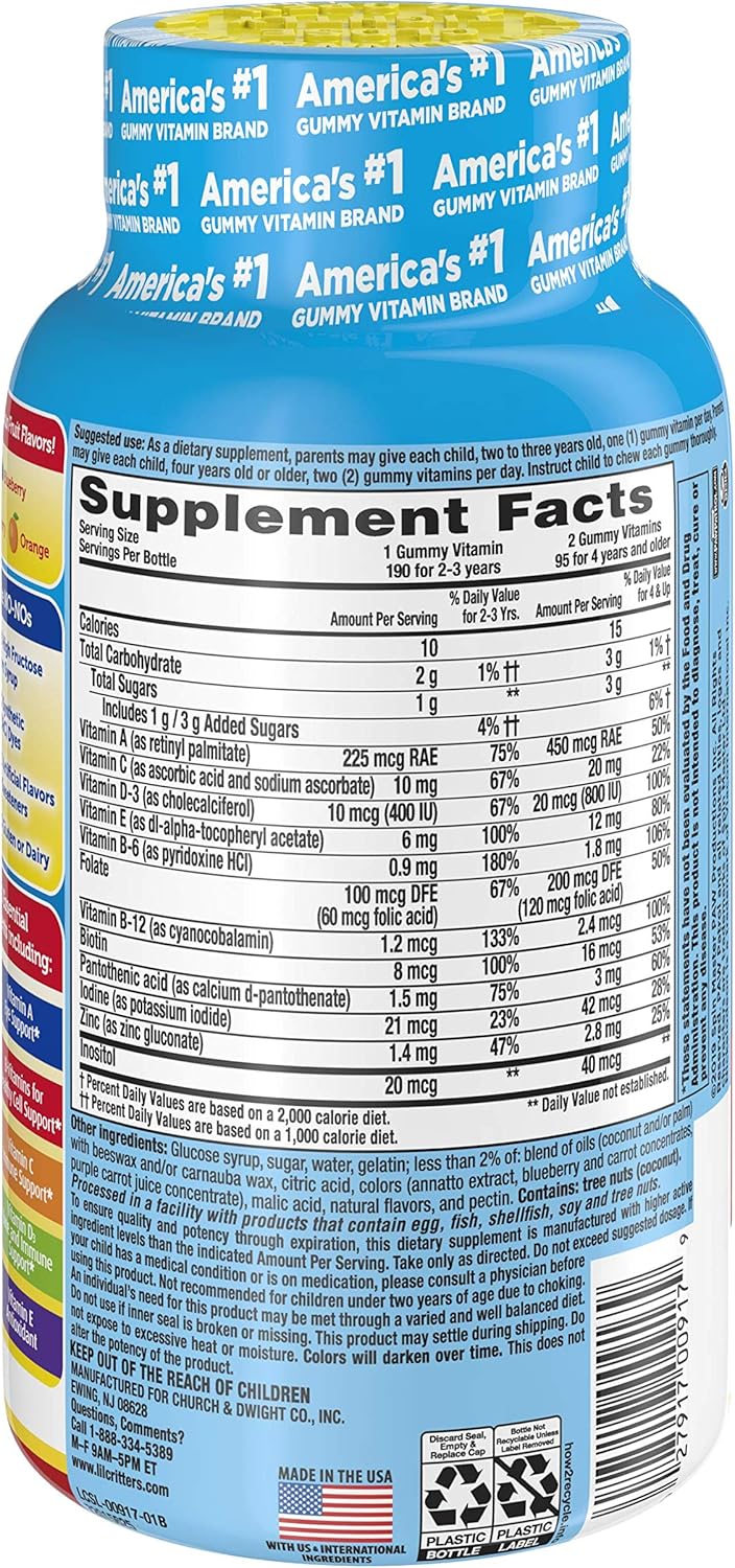 L’il Critters Paw Patrol Gummy Vites Daily Gummy Multivitamin for Kids, Vitamin C, D3 for Immune Support Cherry, Orange and Blueberry Flavors, 190 Gummies L'il Critters