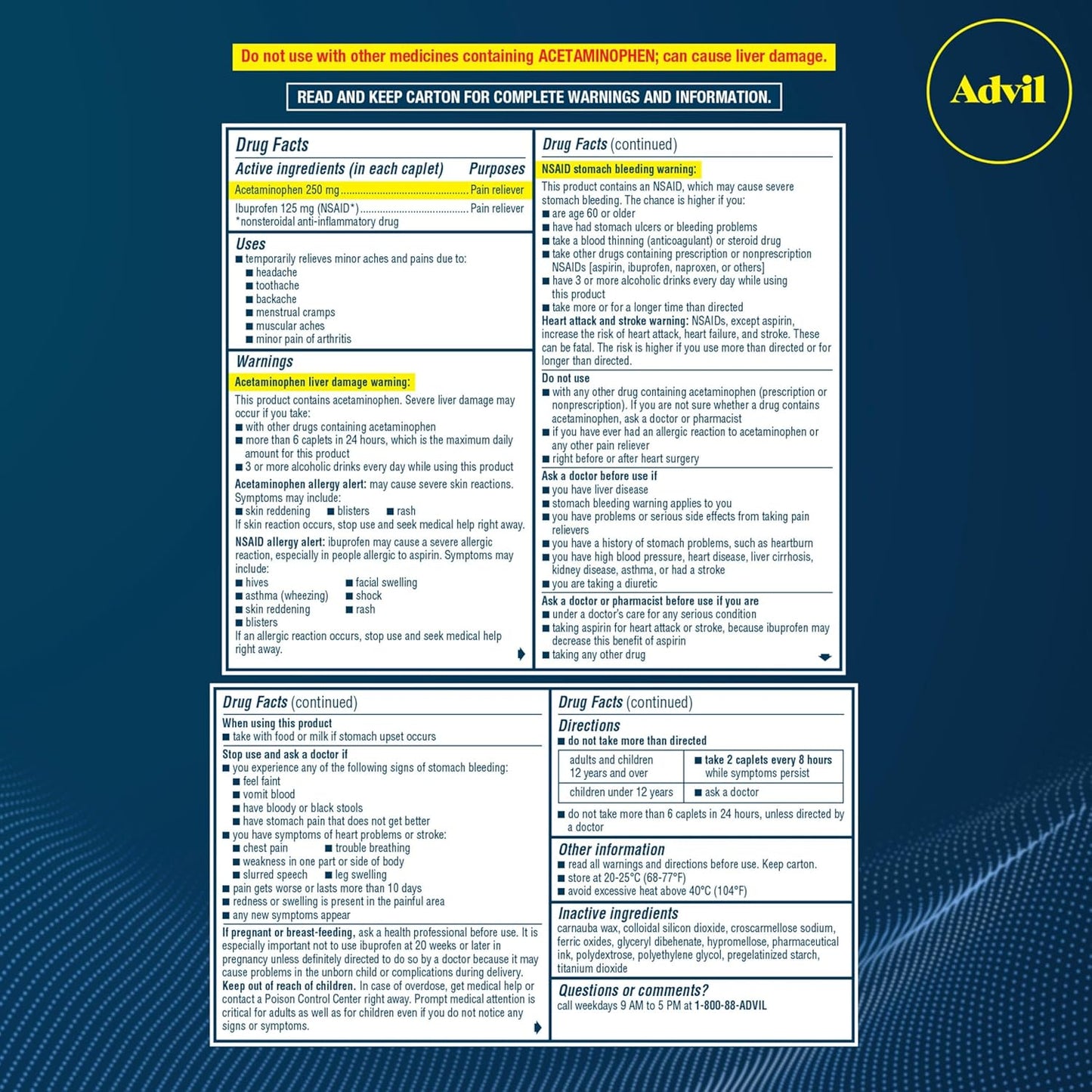 Advil Dual Action Coated Caplets with 250 Mg Ibuprofen and 500 Mg Acetaminophen Per Dose (2 Dose Equivalent) for 8 Hour Pain Relief - 2 Count x 50
