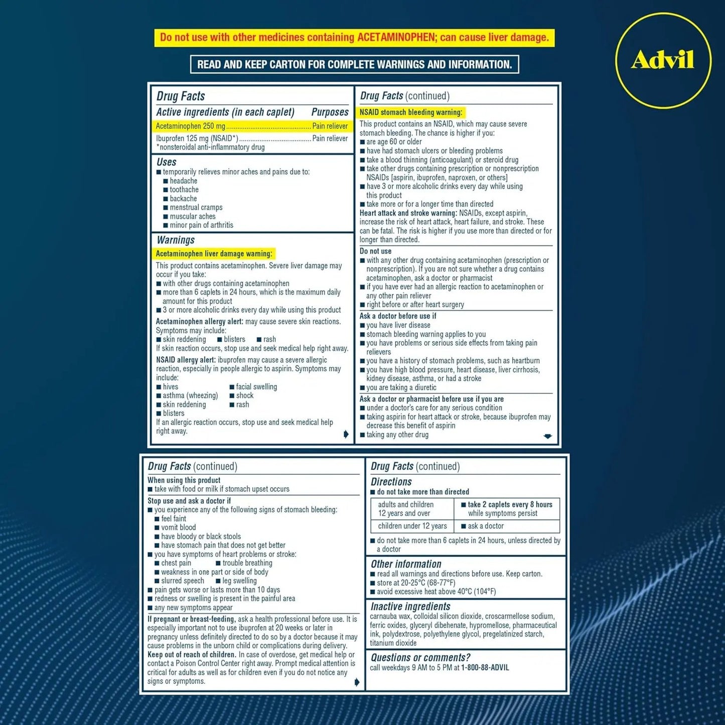 Advil Dual Action Coated Caplets with 250 Mg Ibuprofen and 500 Mg Acetaminophen Per Dose (2 Dose Equivalent) for 8 Hour Pain Relief - 2 Count x 50 Vitamins Depots