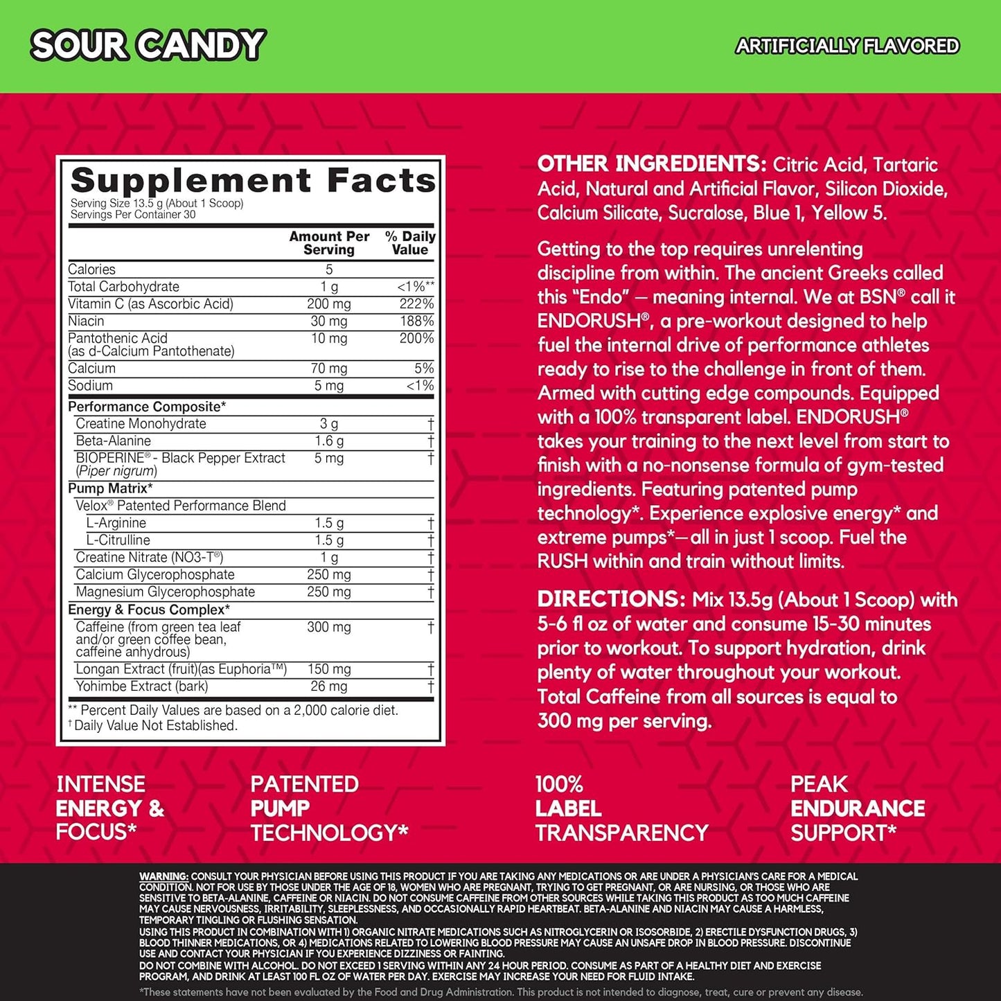 BSN Endorush Pre Workout Powder, Energy Supplement for Men and Women, 300mg of Caffeine, with Beta-Alanine and Creatine, Sour Candy, 30 Servings , 14.3 Ounce