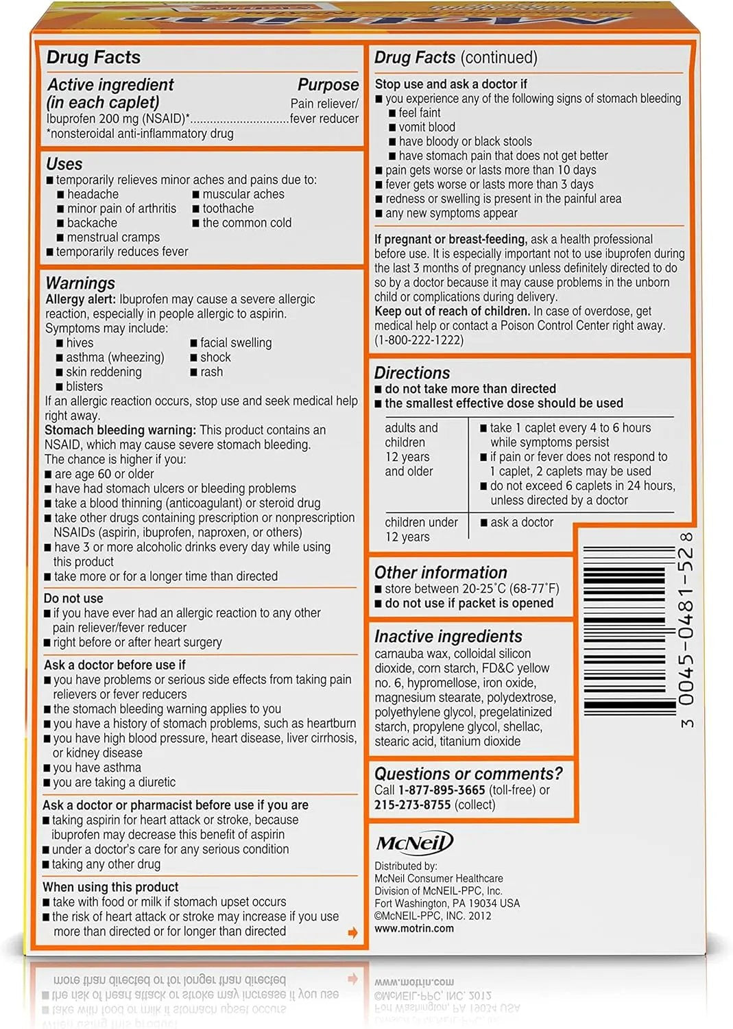 Motrin IB, Ibuprofen 200mg Tablets, Pain Reliever/Fever Reducer for Muscular Aches, Headache, Backache and Minor Arthritis Pain, Convenient for Travel & On-The-Go, 50 Packets of 2, 100 ct Vitamins Depots