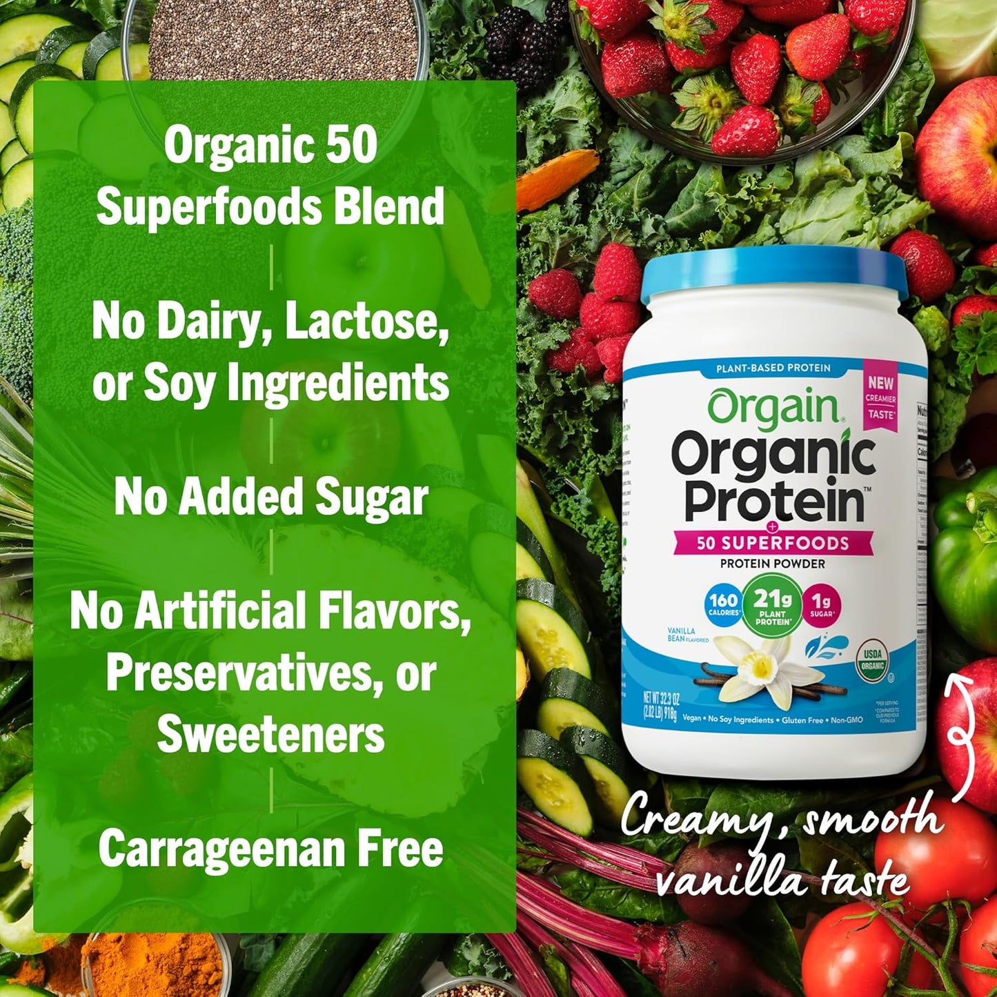 Orgain Organic Vegan Protein Powder + 50 Superfoods, Vanilla Bean - 21g Plant Based Protein, Gluten Free, Dairy Free, Lactose Free, Soy Free, No Sugar Added, Kosher, With B Vitamins - 2.02lb Orgain